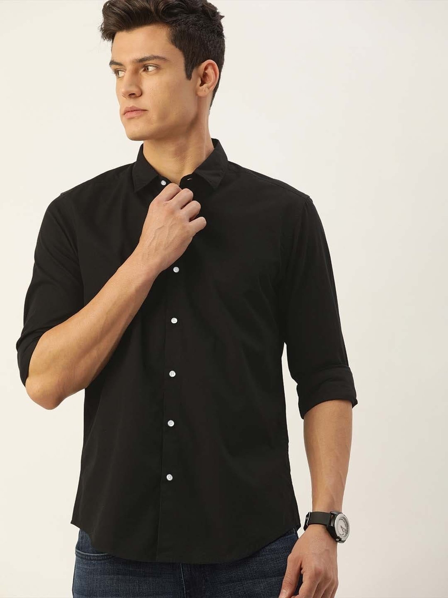 IVOC Black Slim Fit Cotton Shirt