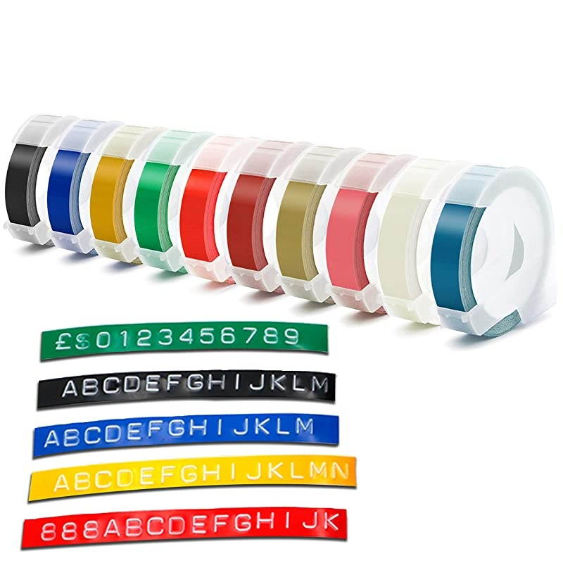3D Embossing Labels Tape Compatible with Dymo Embossing Label Maker DIY Manual Label Printer,1/4''x 9.8',10 Colours Plastic Organizer Embossing Label Makers 1610 Tape 10 Rolls