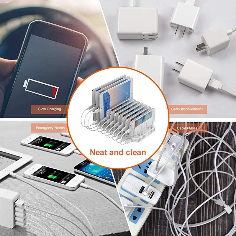 iPad Charging Station 96W 10-Port  USB Charging Station Multiple Device USB Charger with Smart IC Tech, Organizer Stand for iPhone X, Xs Max,8,7,6, Samsung Google Nexus LG, Tablets, White