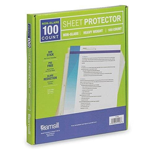 samsill 100 nonglare heavyweight sheet protectors, reinforced 3 hole design plastic page protectors, archival safe, top load for 8.5 x 11 inch sheets, box of 100