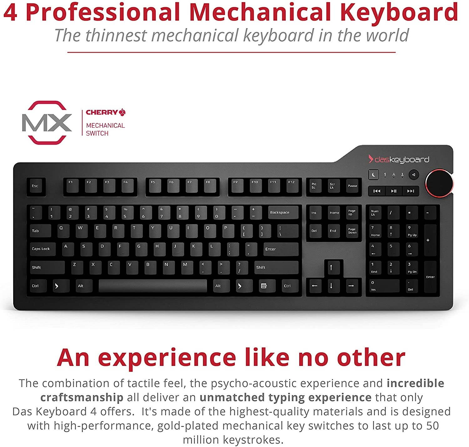 Das Keyboard 4 Professional Mechanical Keyboard - High Performance Clicky Tactile Feedback - Enhanced 104 Key Layout - Cherry MX Blue Switches - Oversized Volume Knob - Two Port USB 3.0 - Full NKRO