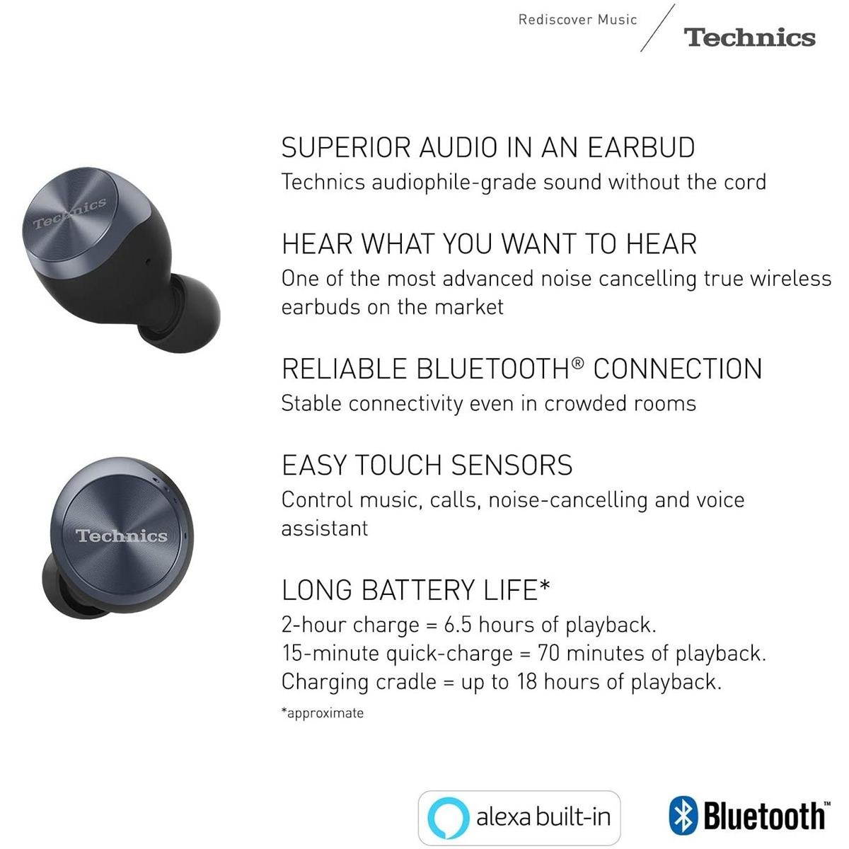 Technics EAH-AZ70W Bluetooth True Wireless Noise Cancelling Earbuds (Black)