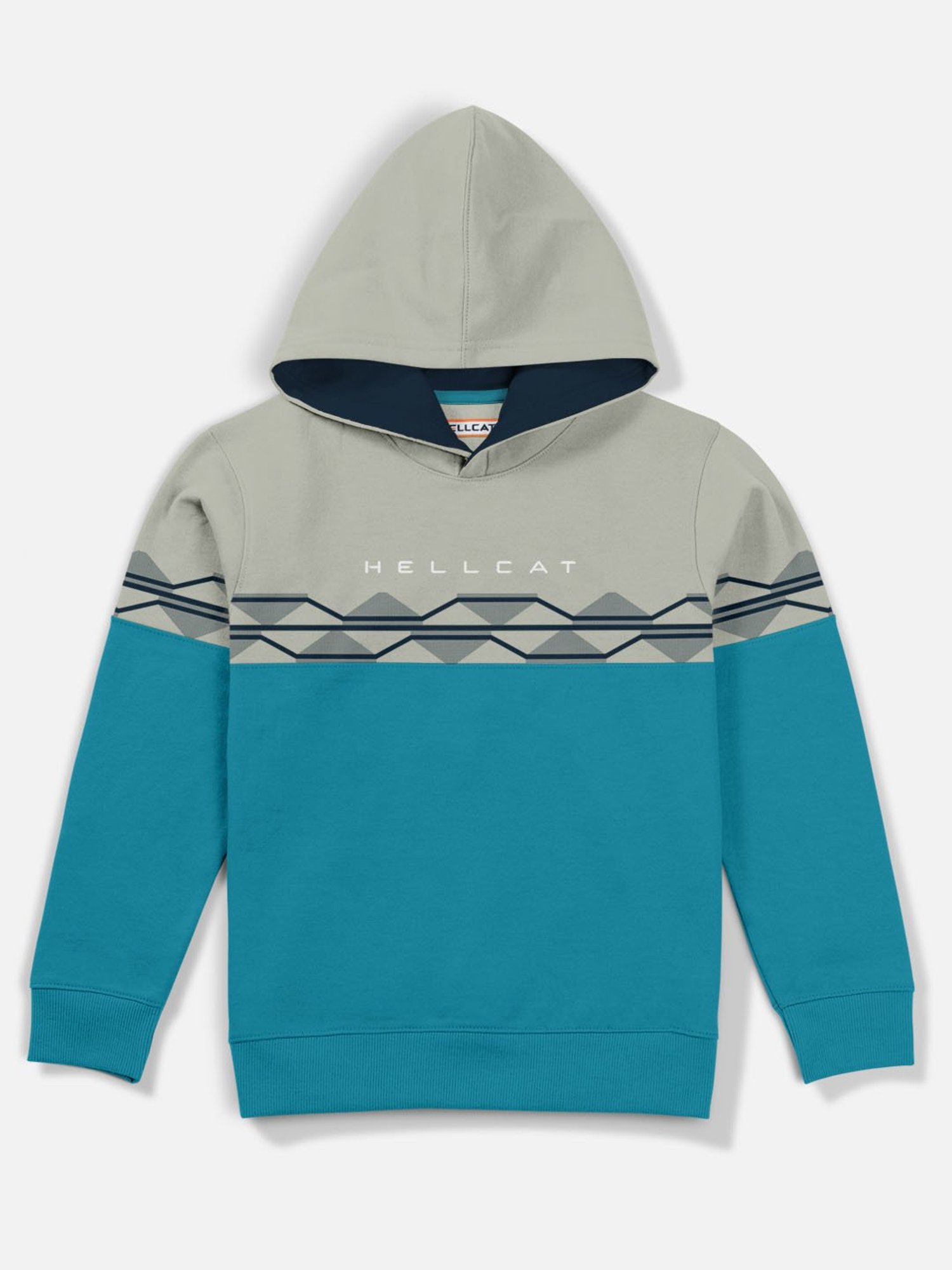 HELLCAT Grey & Turquoise Color Block Full Sleeves Sweatshirt