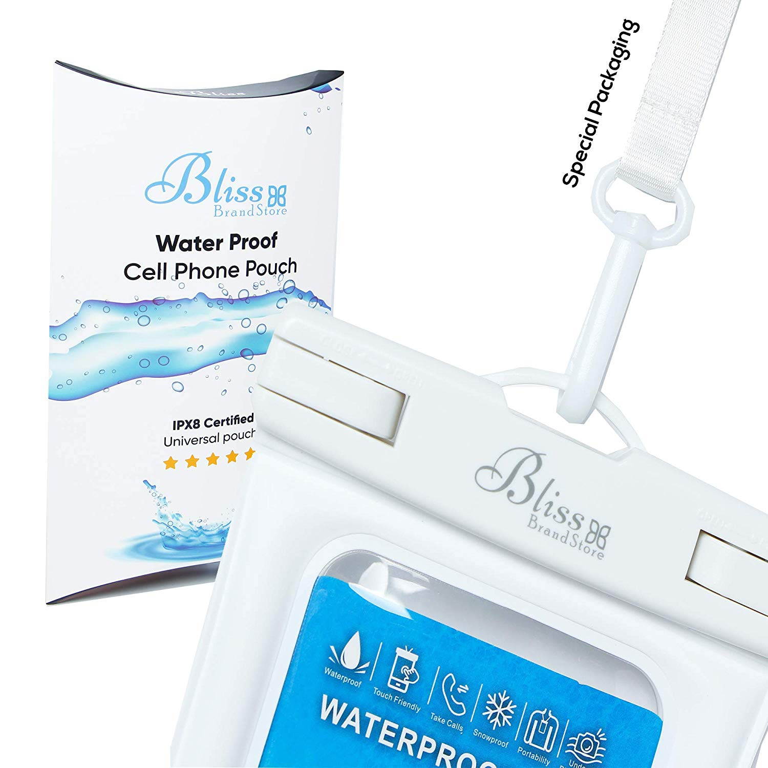 Universal Waterproof Phone Pouch for Pool Beach Swimming Kayaking Travel, Compatible with All Smartphones up to 6.5&rdquo; + Free Arm Band (White)