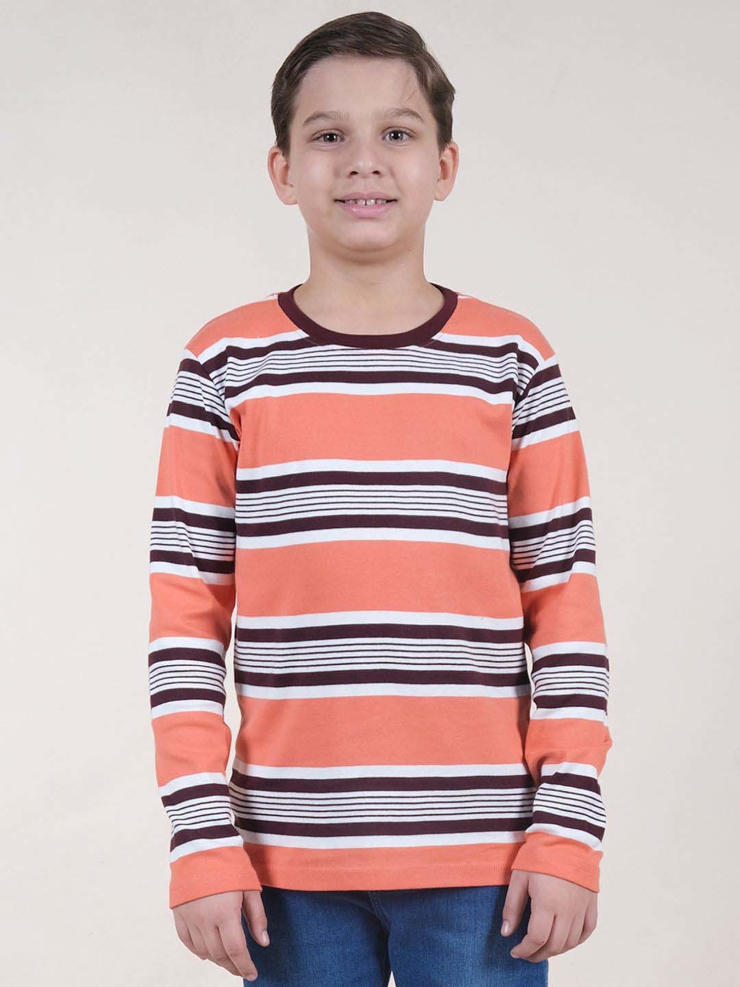 Kiddopanti Boys Orange & Black Cotton Striped Full Sleeves T-Shirts