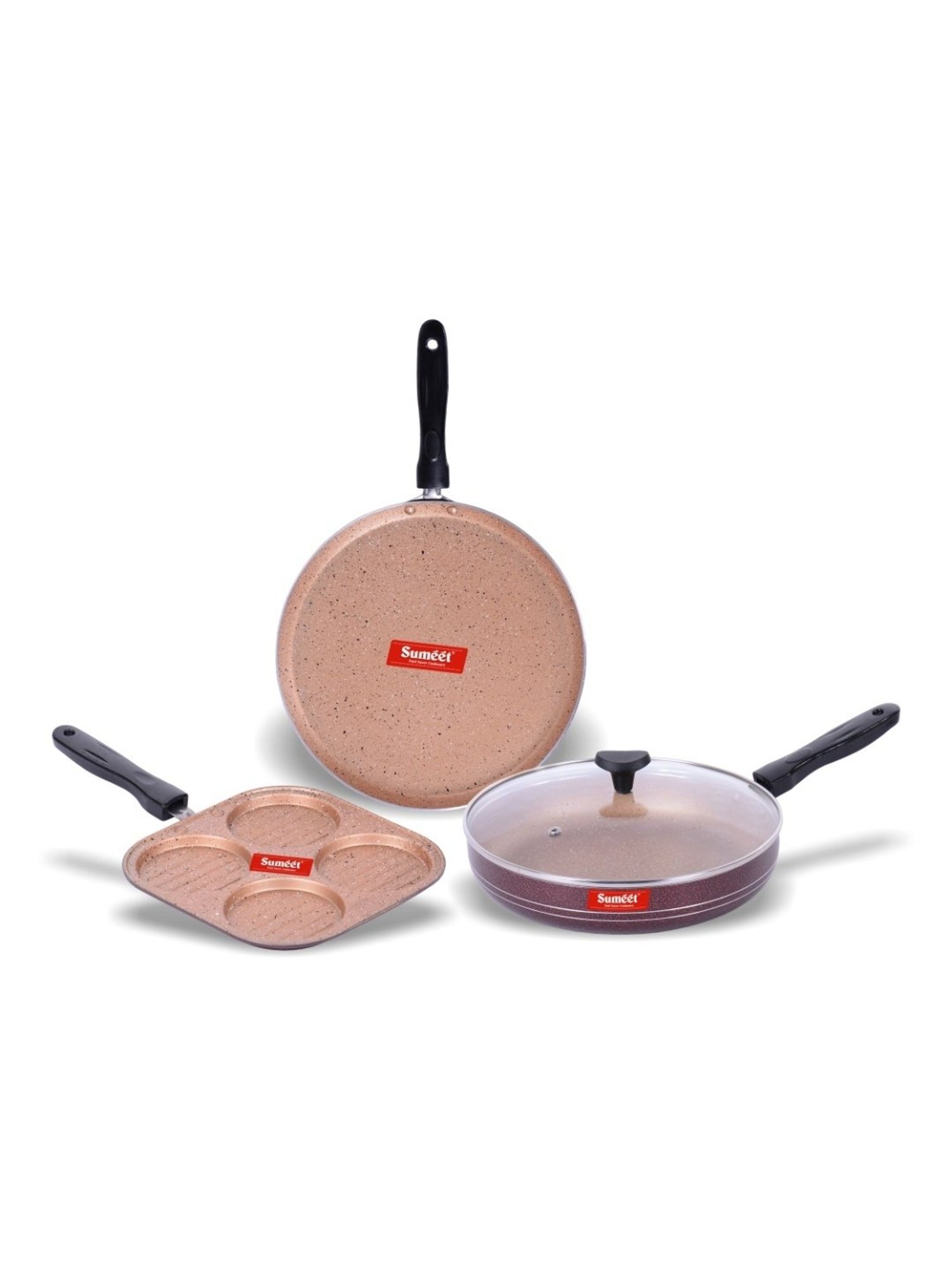 Sumeet Nonstick Granite 3pc Cookware Set (Mini Multi Snack Maker,Dosa Tawa,Fry Pan With Glass Lid)