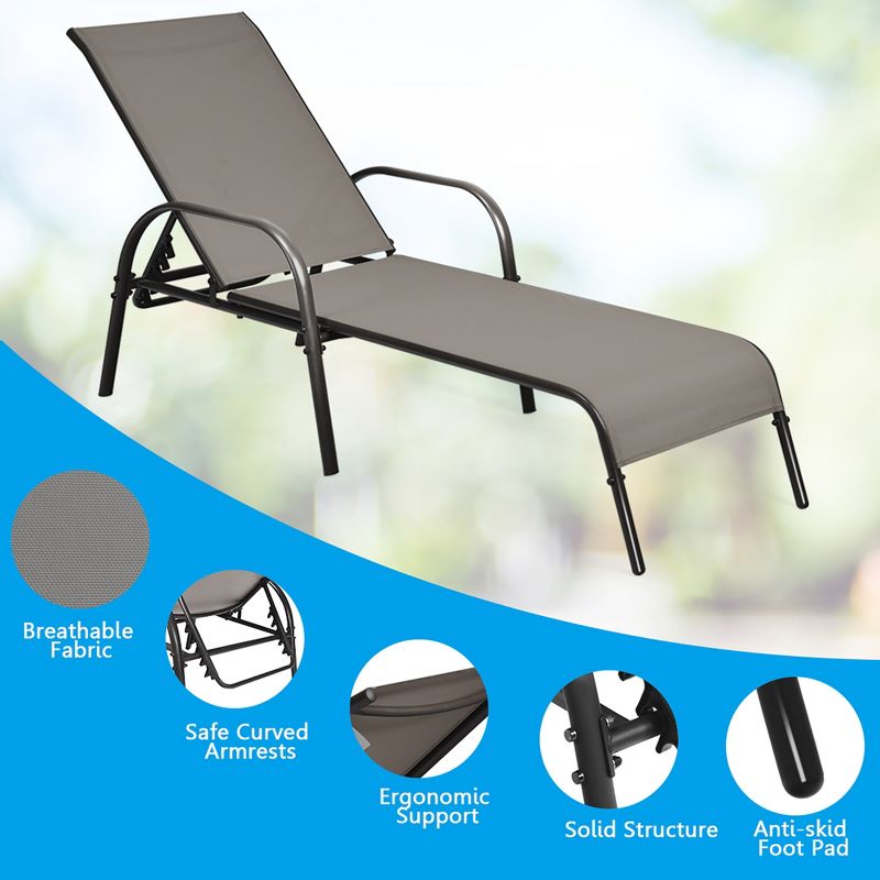 Costway Outdoor Patio Lounge Chair Chaise Fabric Adjustable Reclining Armrest Pool Brown