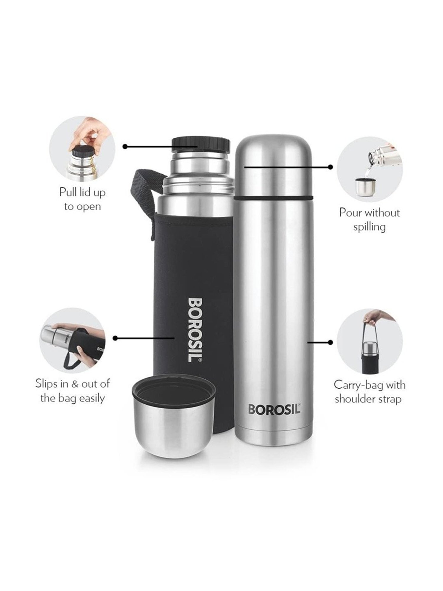 Borosil Silver Stainless Steel Double Wall Vaccum Insulated Water Bottles (1000ml)
