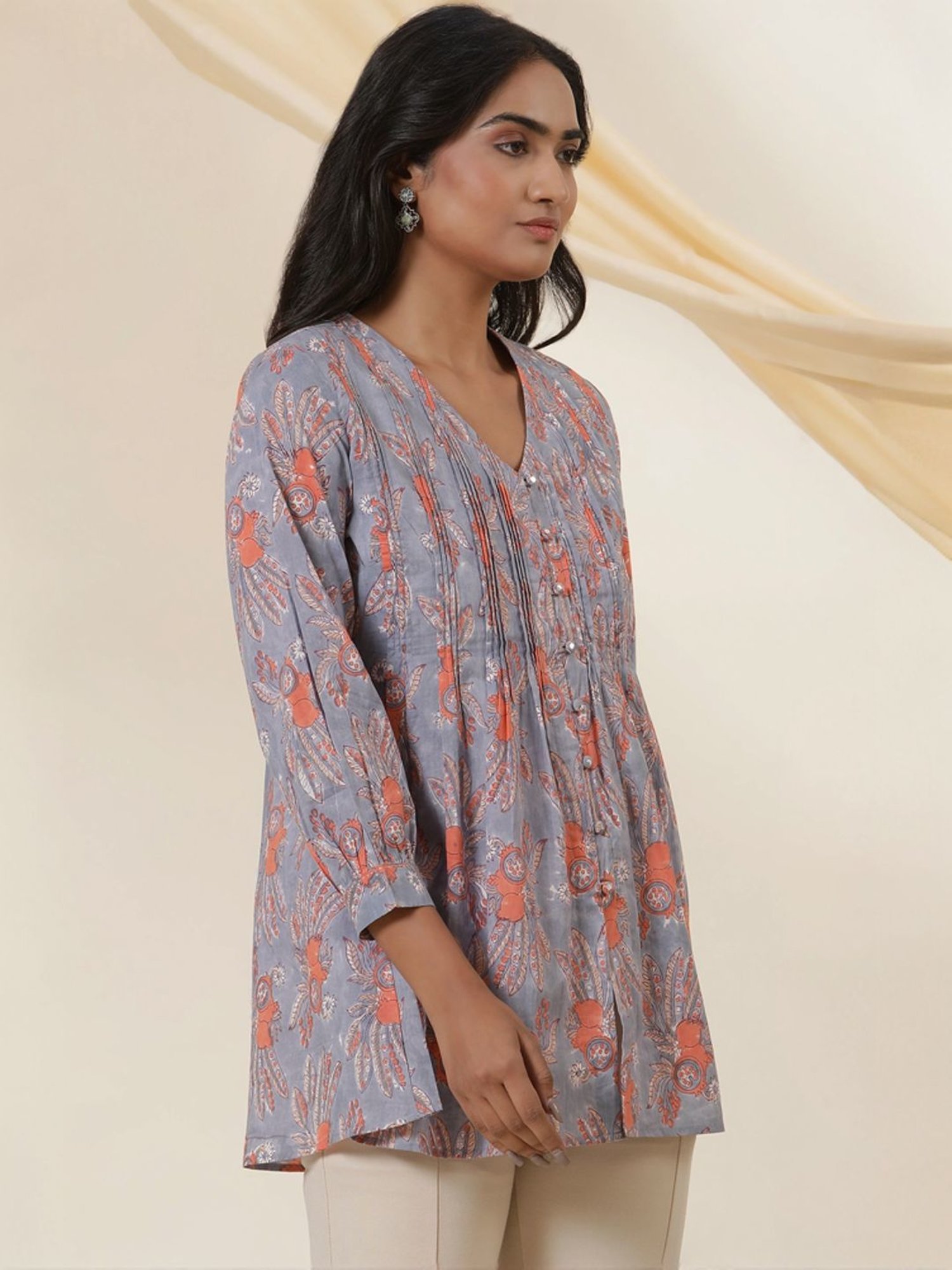 W Maximum Blue Cotton Printed Tunic