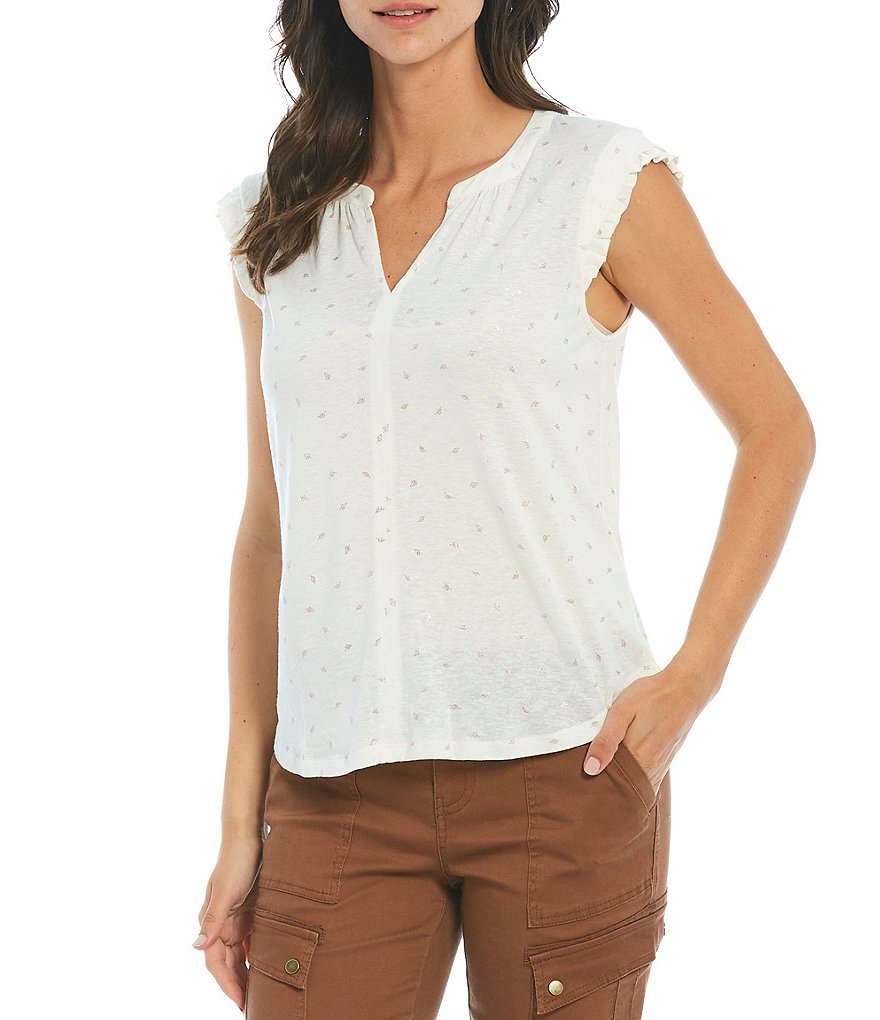 Democracy Foil Leaves Print Knit Band Notch Neckline Pleated Trim Detail Extended Sleeve Top