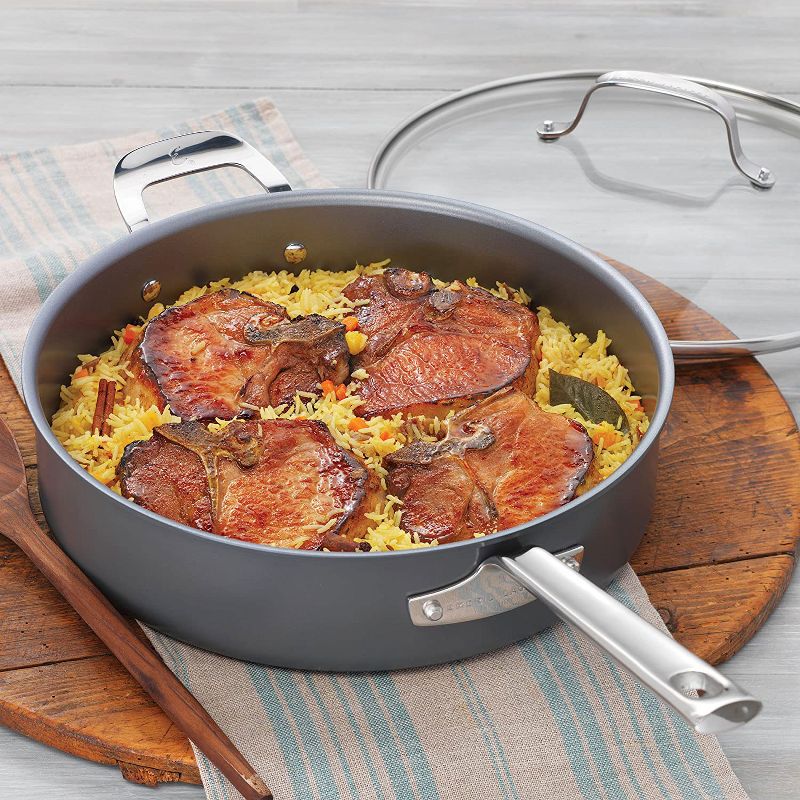 Emeril Lagasse 62928 Heavy-Duty Nonstick Hard Anodized Covered Deep 5 Quart Saute and Frying Pan with Glass Lid, Gray