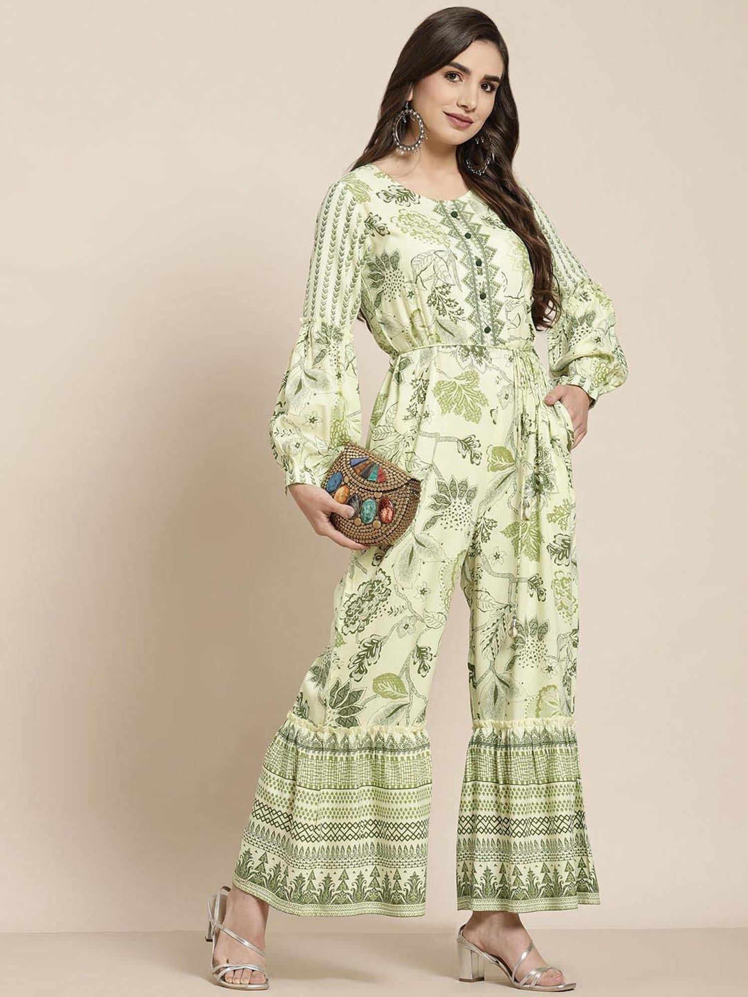 Juniper Light Olive Floral Printed Rayon Jumpsuit