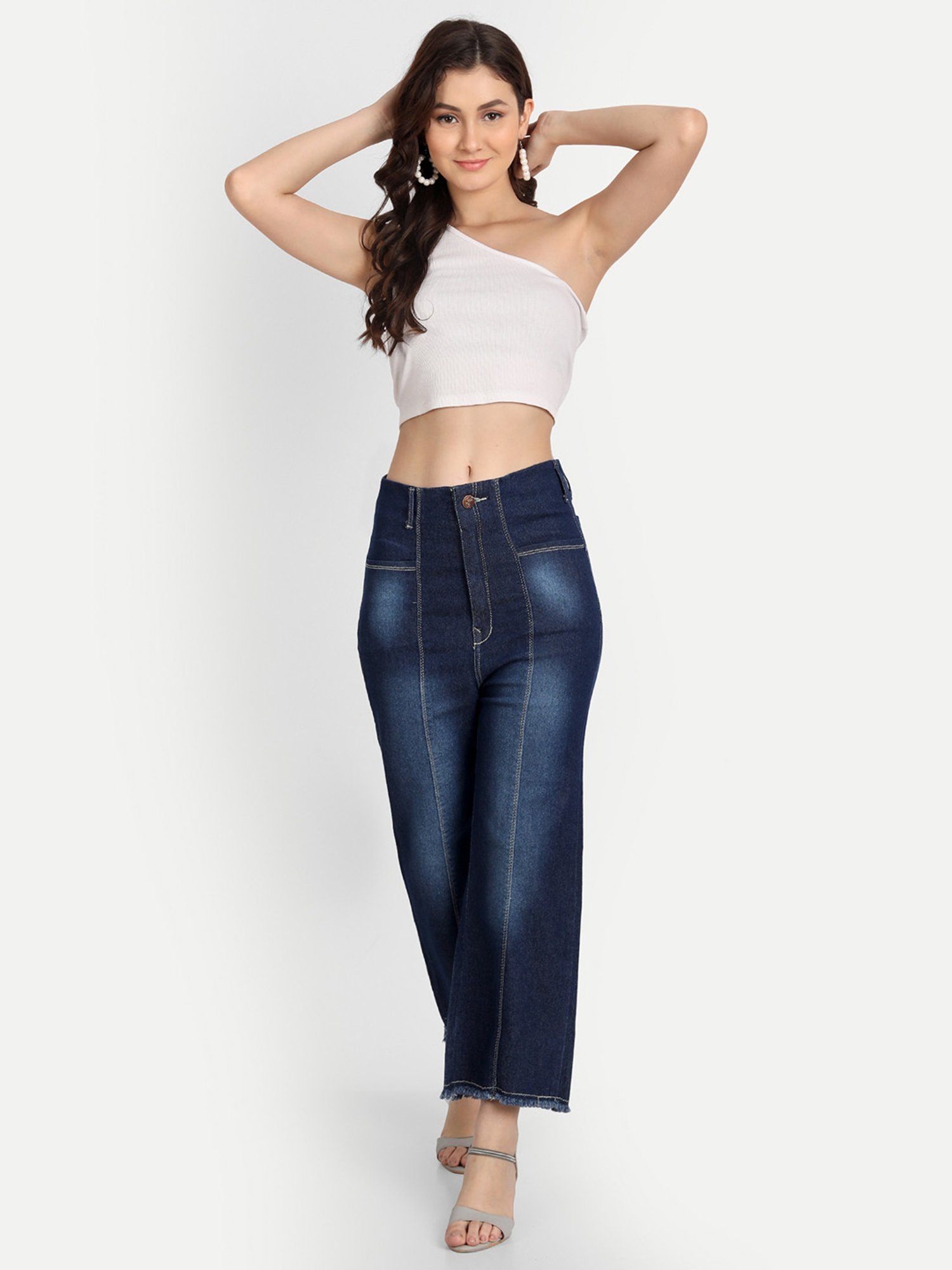 Angelfab Dark Blue Cotton Relaxed Fit High Rise Jeans