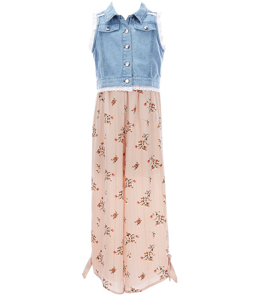 Rare Editions Big Girls 7-16 Printed Chiffon Jumpsuit & Denim Vest Set