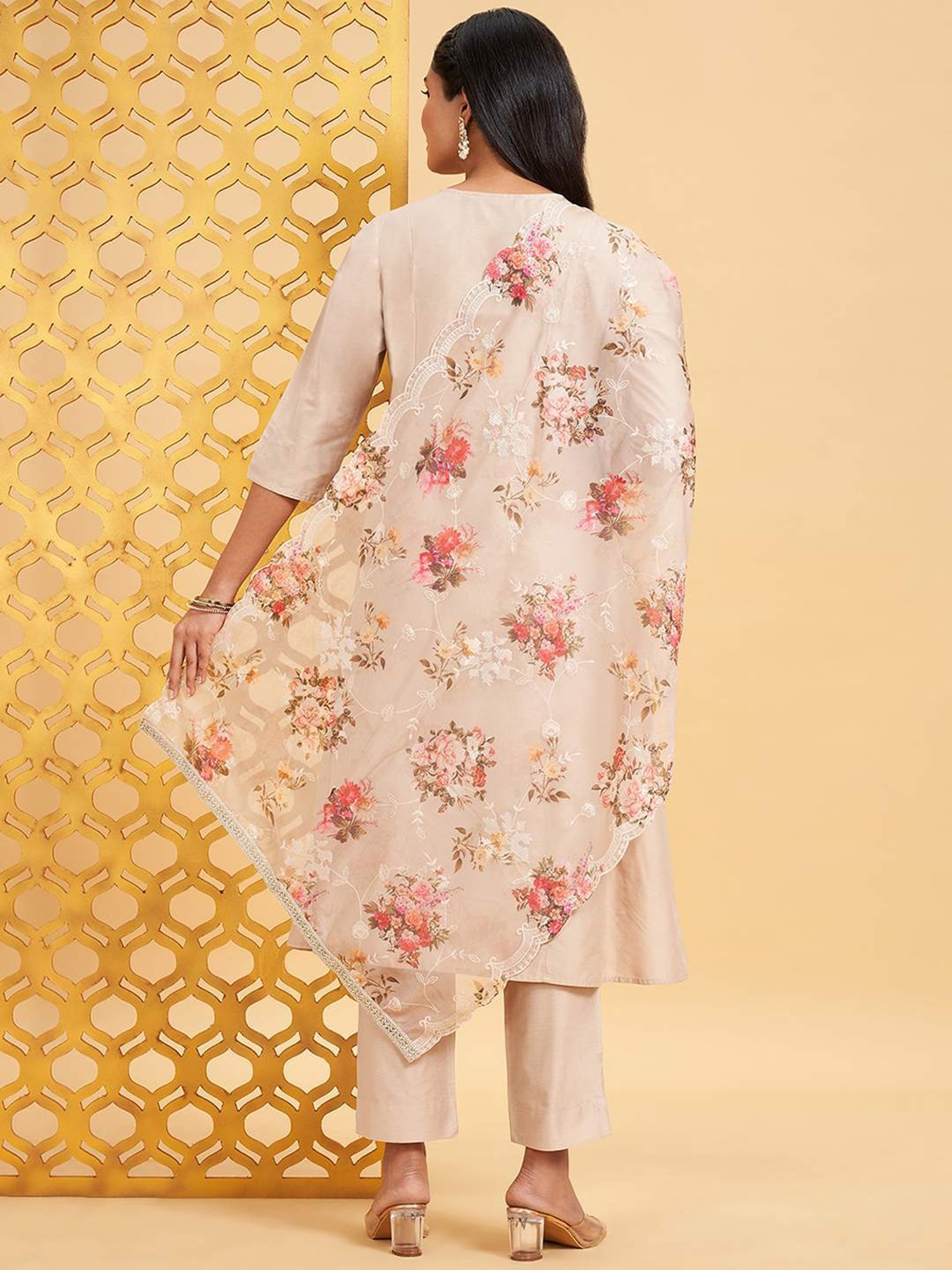 Rangmanch by Pantaloons Beige Regular Fit Kurta Pant Set With Dupatta