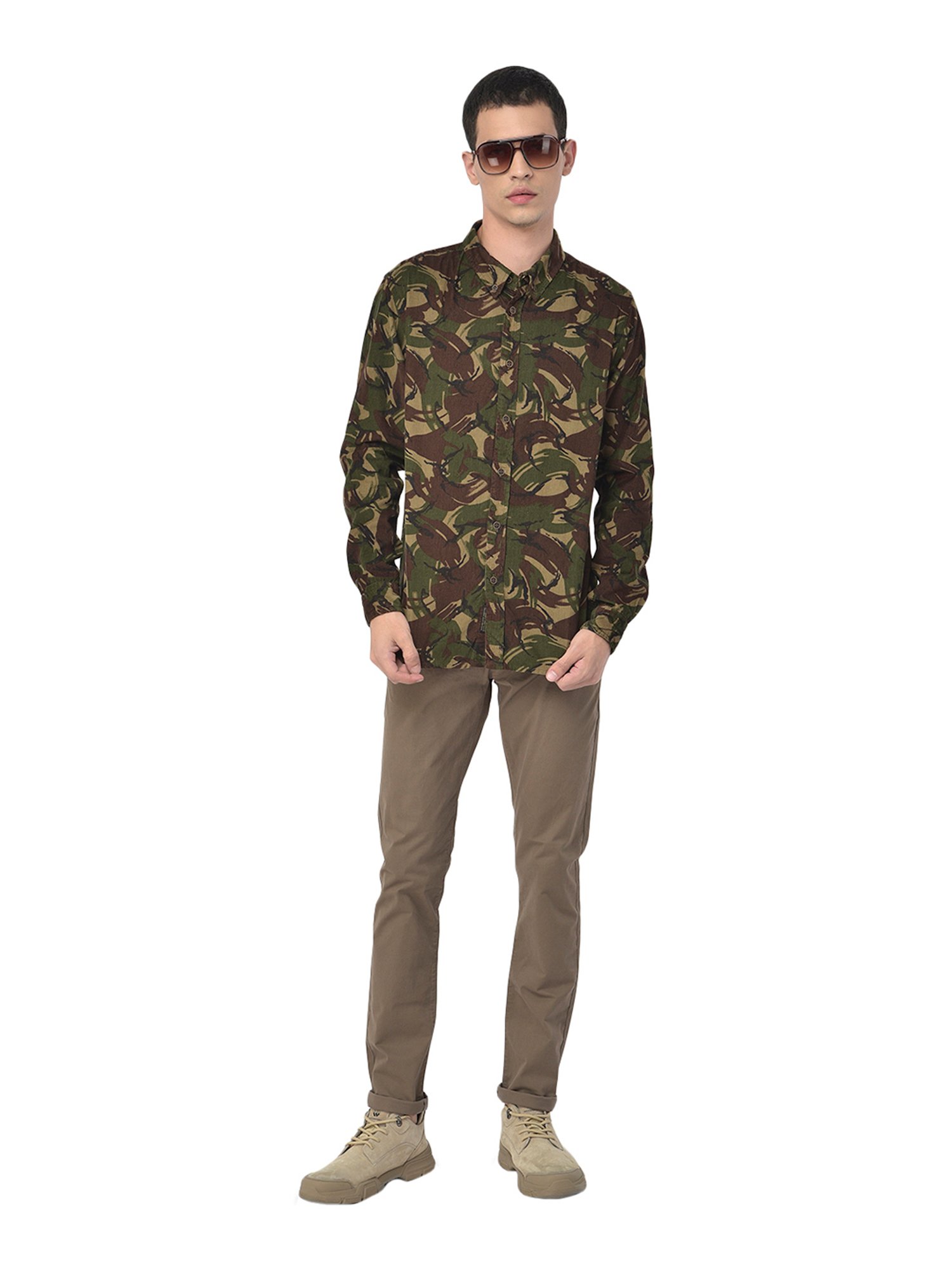 Woodland Olive Regular Fit Printed Cotton Shirt