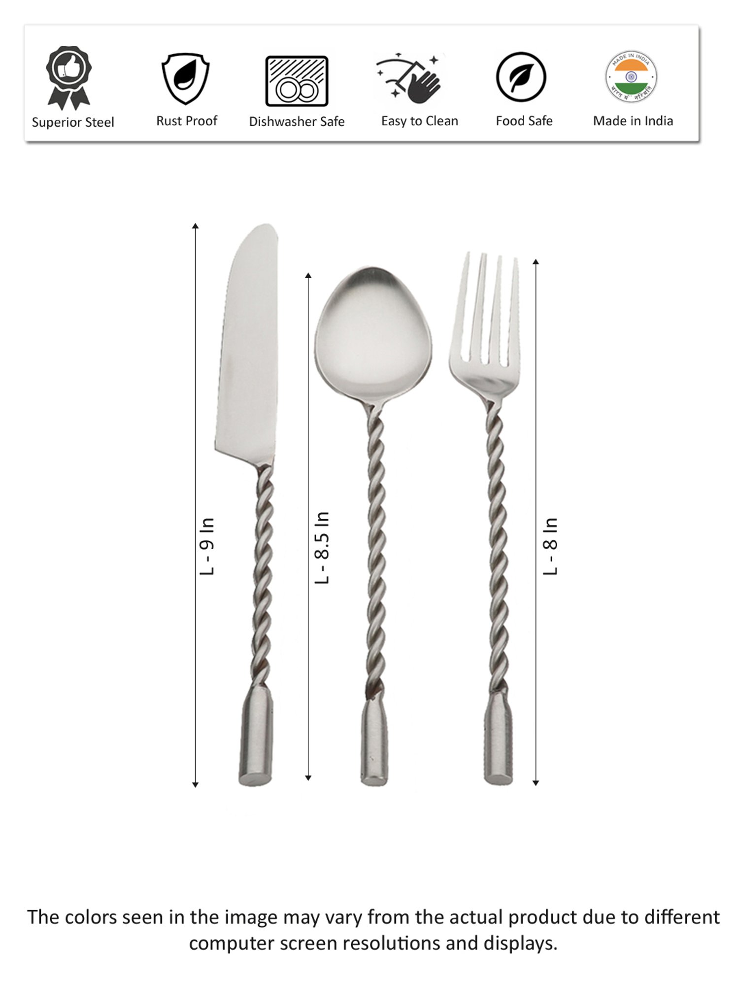 VarEesha Silver Steel Twisted Handle Cutlery Spoons Forks & Knives - Set of 18