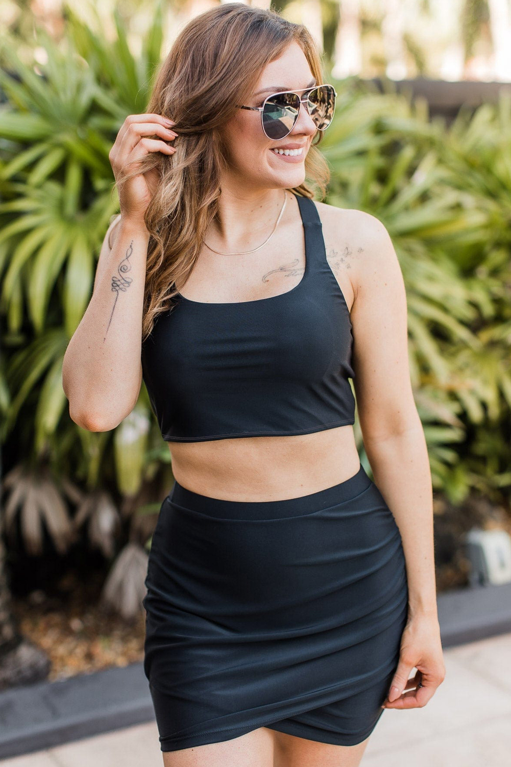 Black Plain Crossover Bikini Tank and Skort Swimwear