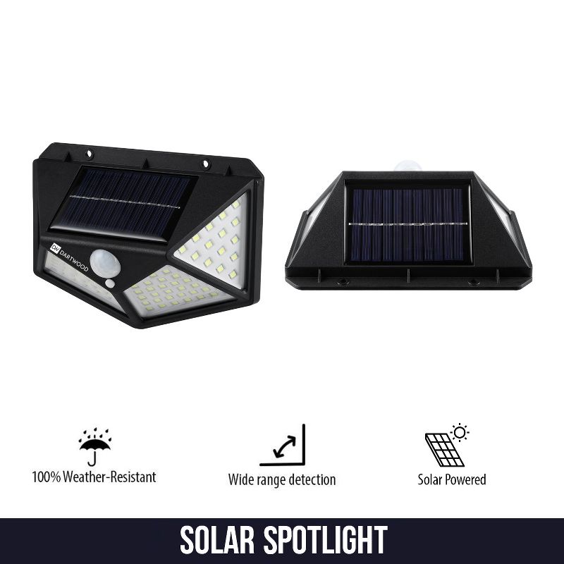 Dartwood Outdoor Solar Lights with Motion Sensor, 100 LED, 450 Lumens Bright Weatherproof Wall Spotlight for Gardens Porches Walkways Patios (2 Pack)