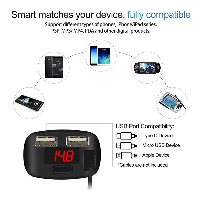 Car Chargewith 28 ft Micro USB Retractable Cable2 USB Ports Quick Charge48A24W and LCD Voltage and Current Monitoring Digital Display