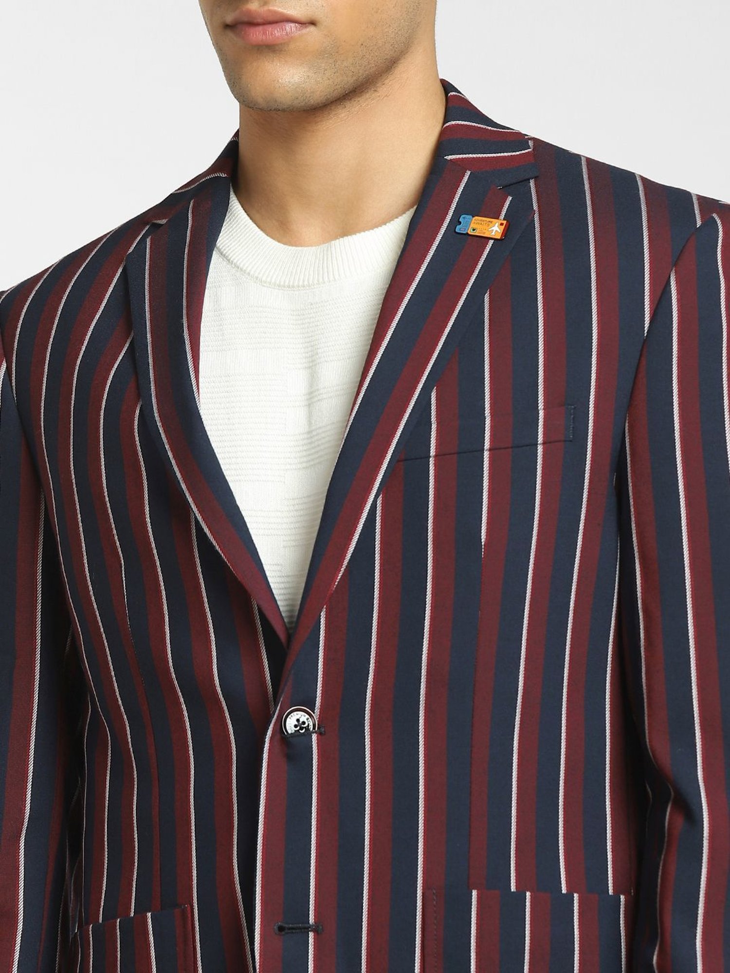 Jack & Jones Maroon & Blue Slim Fit Striped Blazers