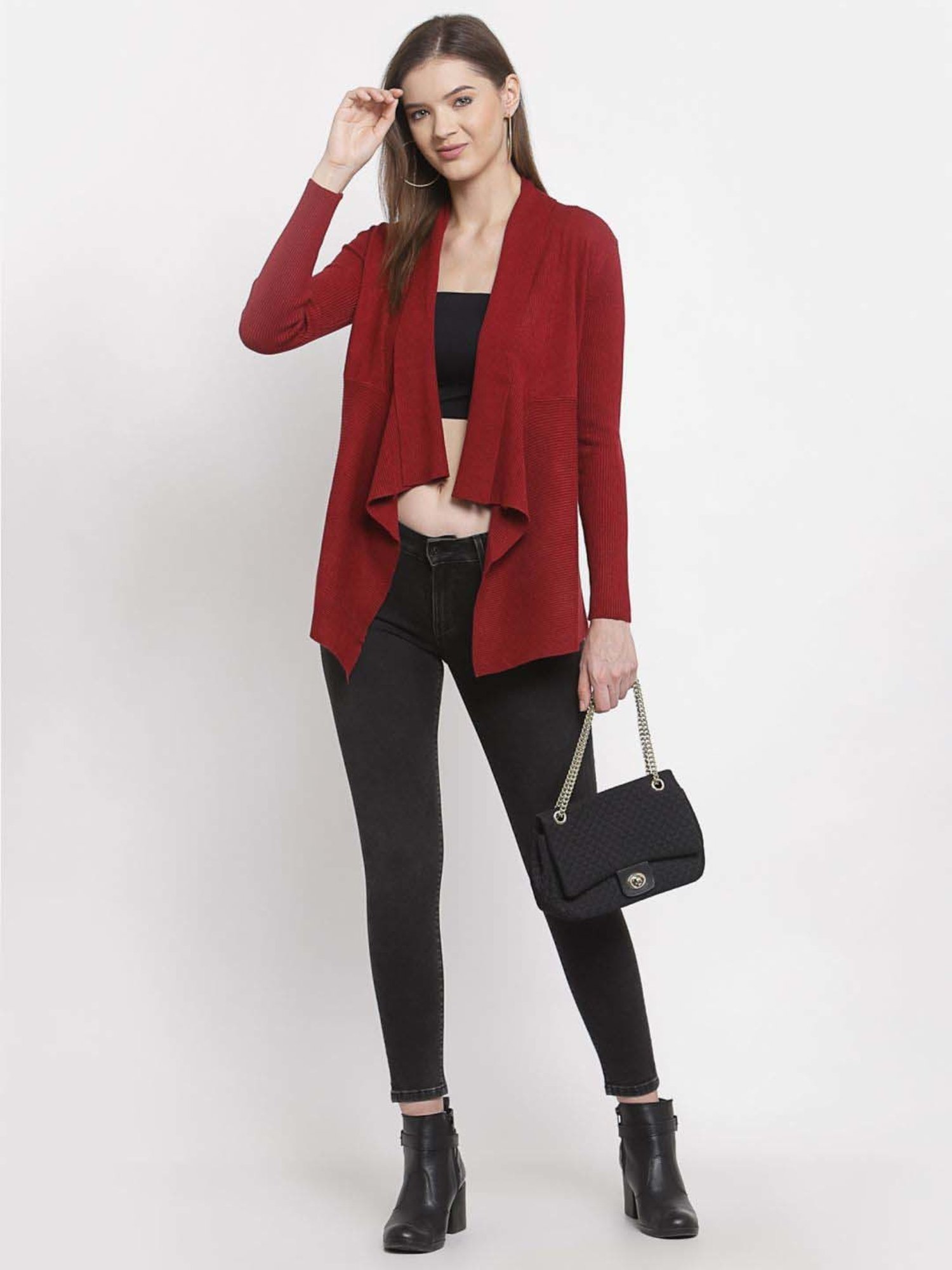 Mafadeny Maroon Striped Shrug