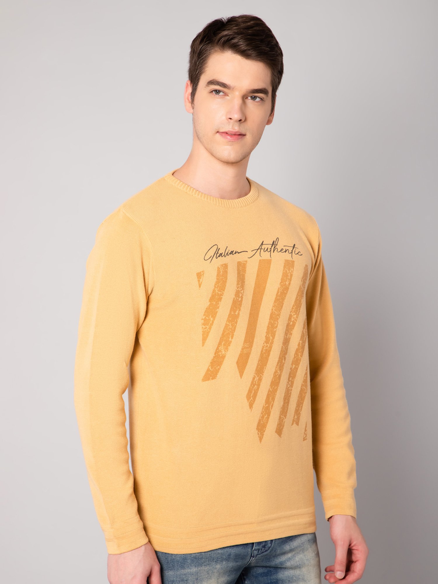 Cantabil Mustard Regular Fit Printed Sweater