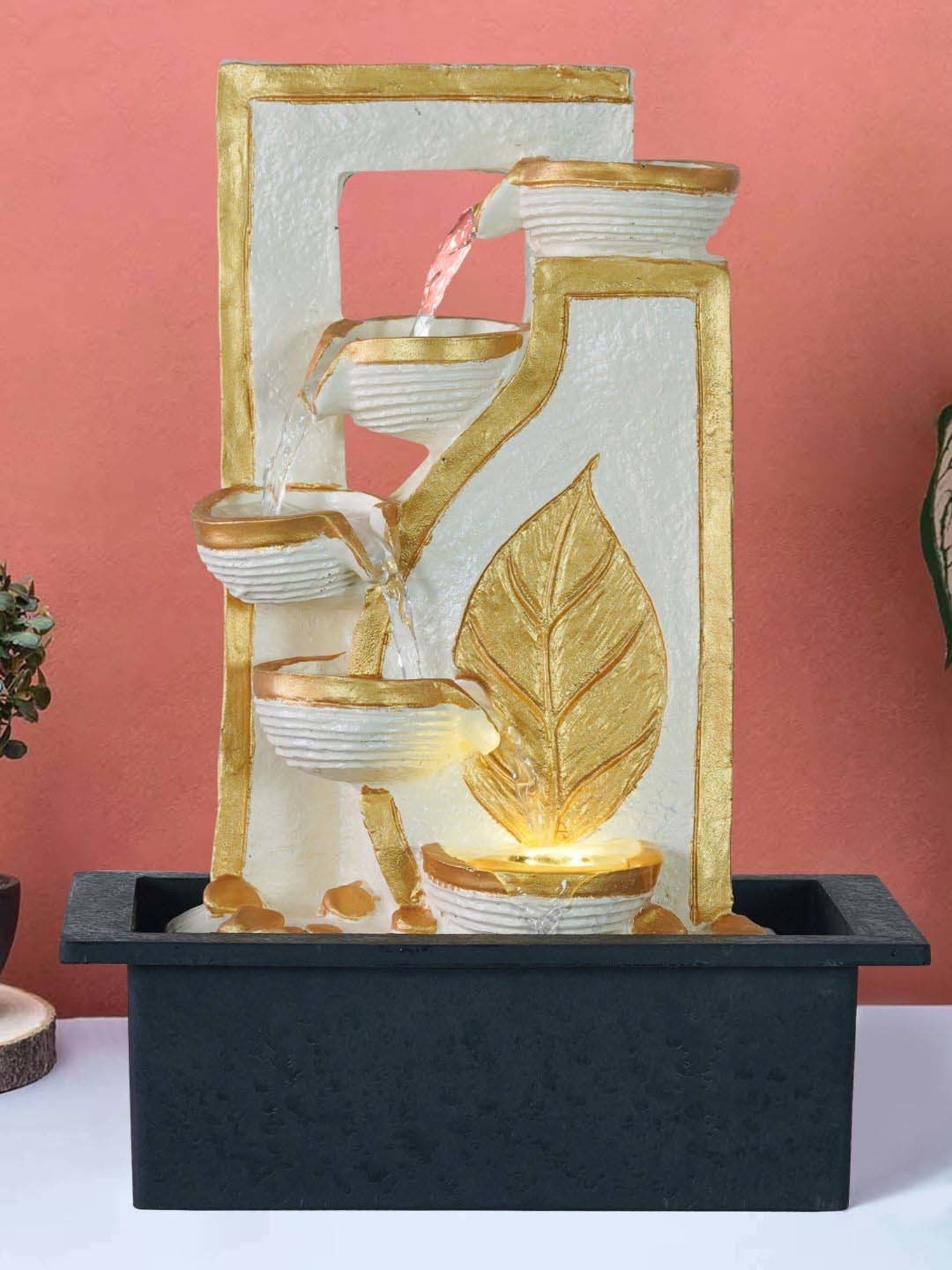 CHRONIKLE White & Gold Polyresin Leaf Design 4 Steps Waterfall Fountain