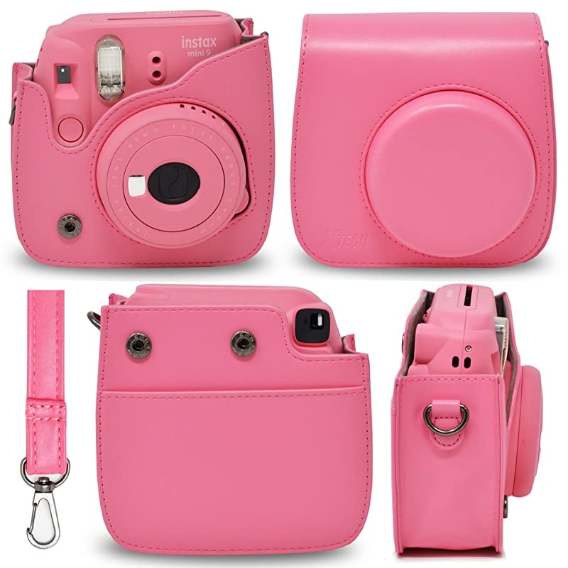 Instax Mini 9 Instant Fuji Camera Flamingo Pink + Accessories Bundle + Custom Matching Case wNeck Strap + Photo Album + Assorted Frames + 4 Color Filters + 60 Sticker Frames + More