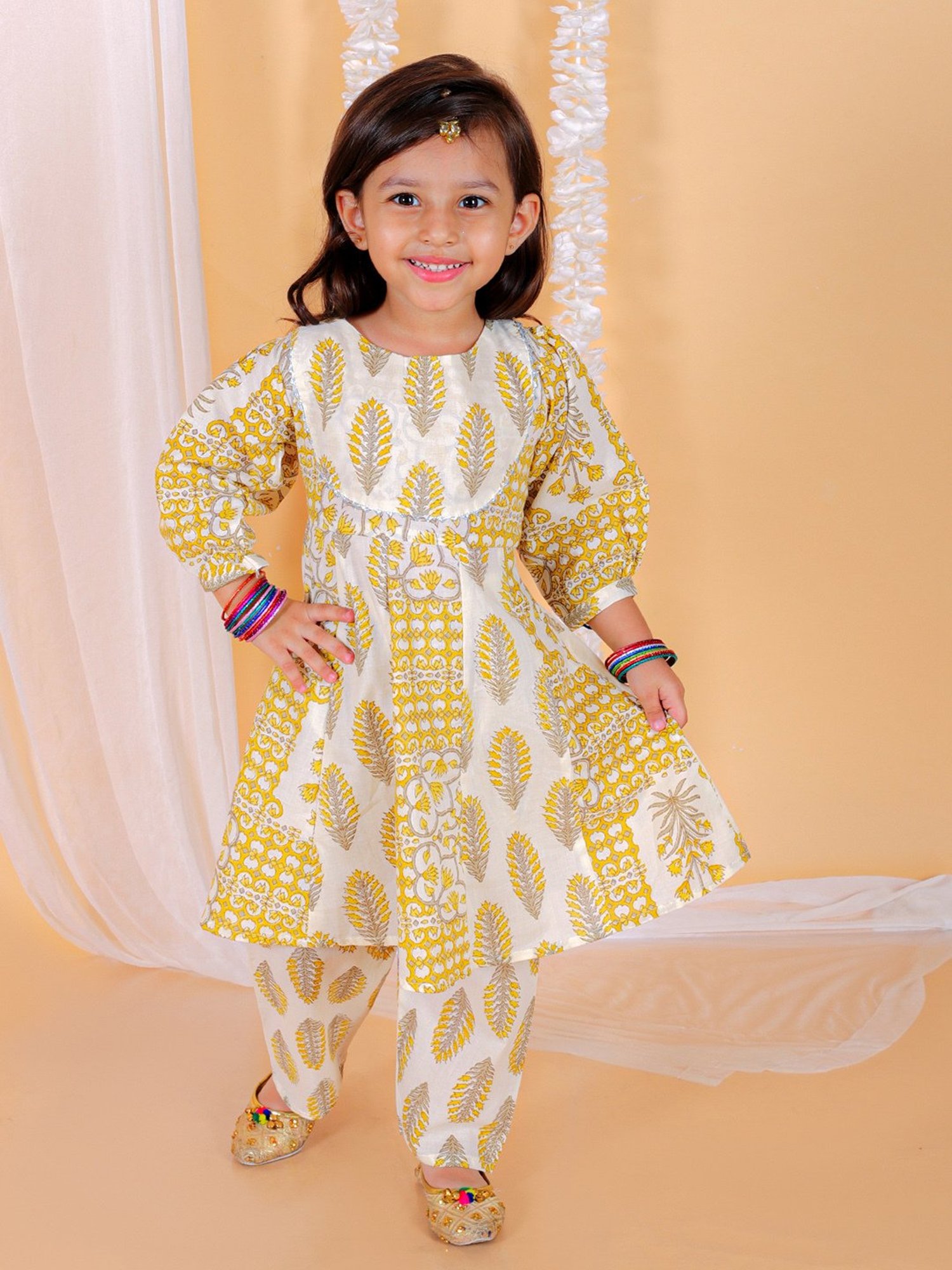 The Mom Store Kids Yellow Floral Print Anarkali Kurta with Pants