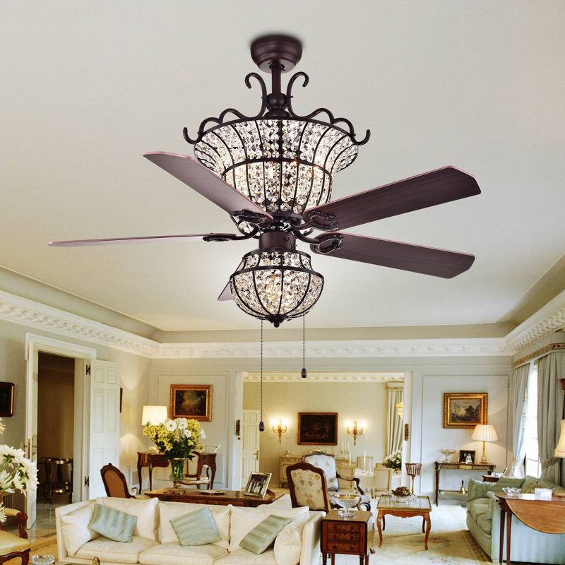 52" x 52" x 25" Charla 4 Light Crystal 5 Blade Chandelier Ceiling Fan Brown - Warehouse of Tiffany