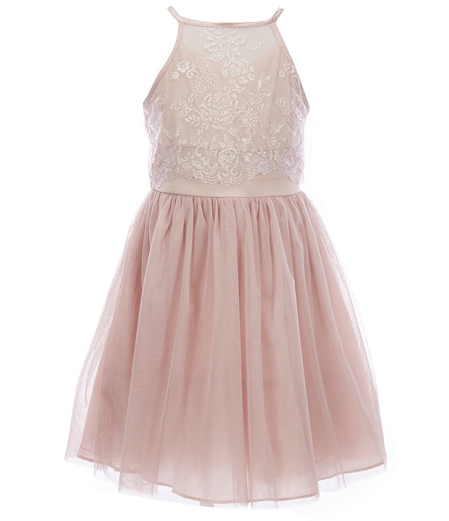 Honey and Rosie Big Girls 7-16 Sleeveless Ruffled Neck Scuba Skater Dress