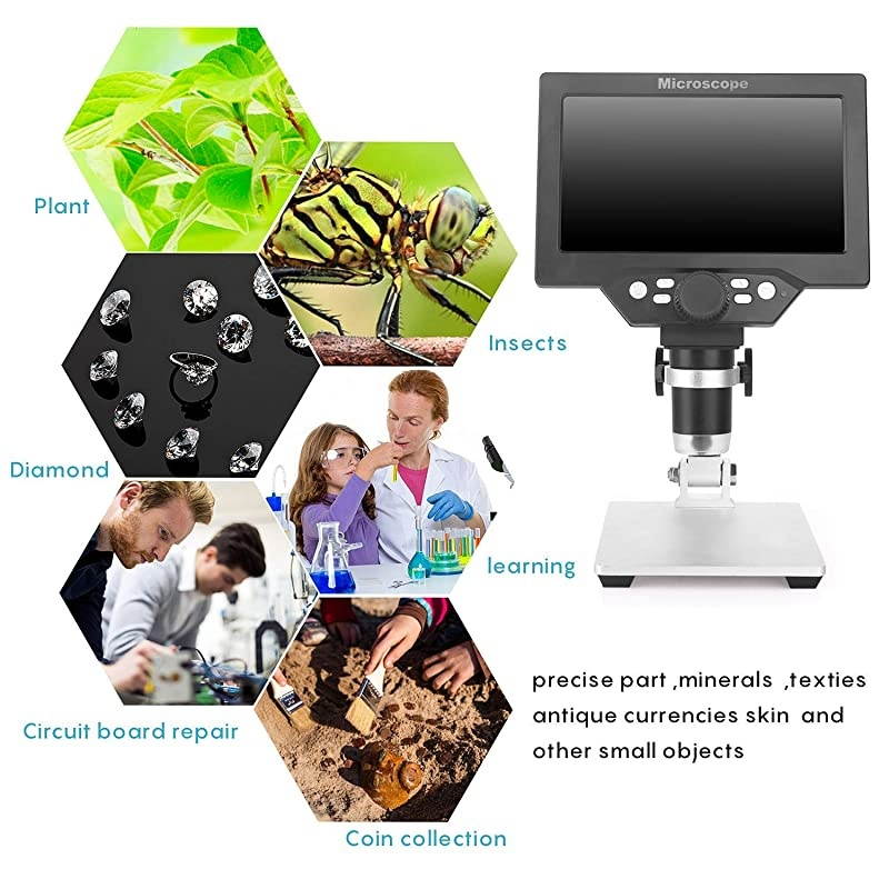 Digital USB Microscope 7 inch HD Screen 1200X Magnification Camera Video Recorder with Rechargeable Battery,8 LED Lights for Soldering PCB Circuit Board Repair Coins Insect