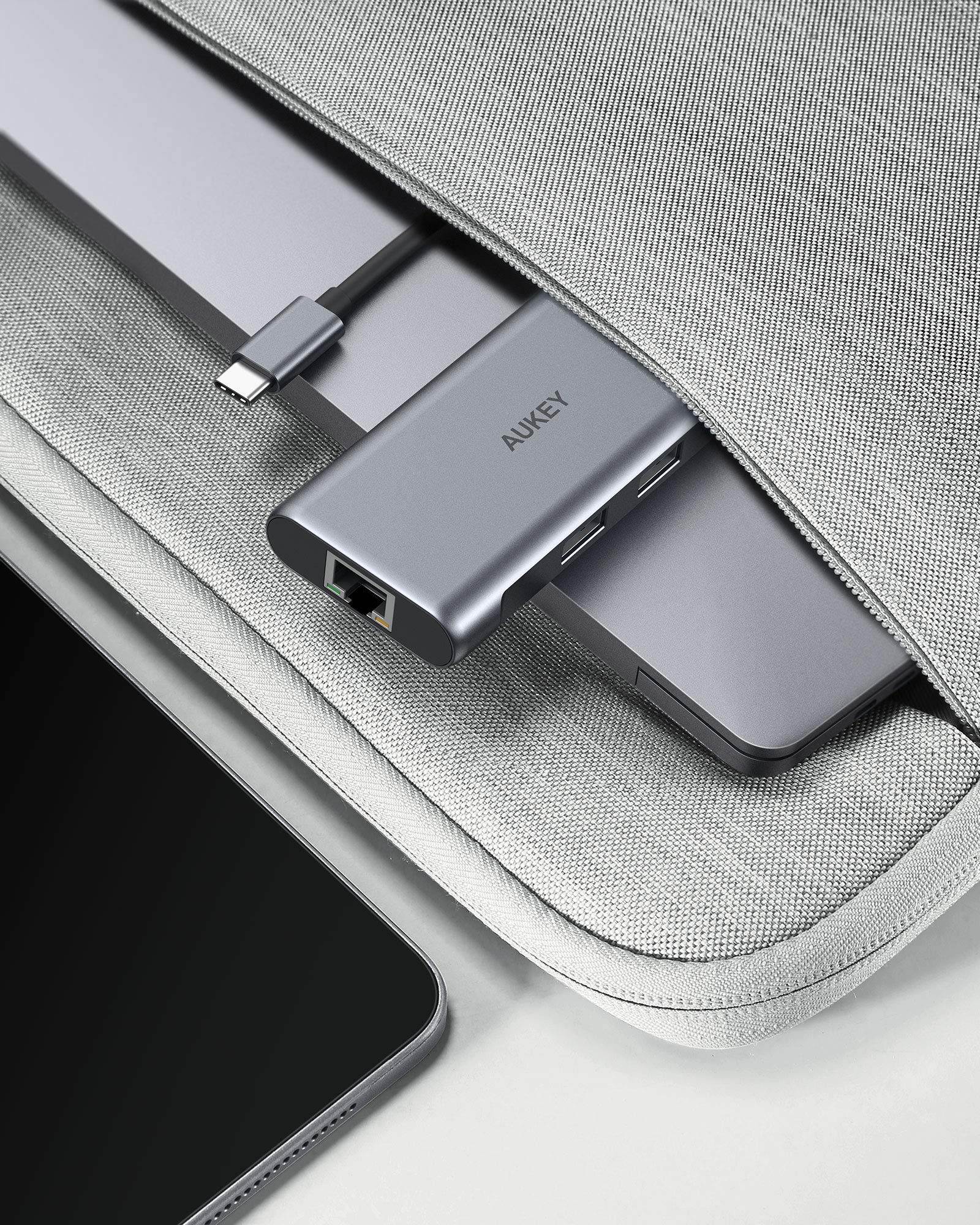 AUKEY CB-C75 USB C Hub Adapter, 6 in 1 Type C Hub with Ethernet Port 1000Mbps, 4K USB C to HDMI, 3 USB 3.0 Ports, 100W USB C PD Charging Thunderbolt 3 for MacBook Pro Air,Chromebook Pixel Laptop Phone