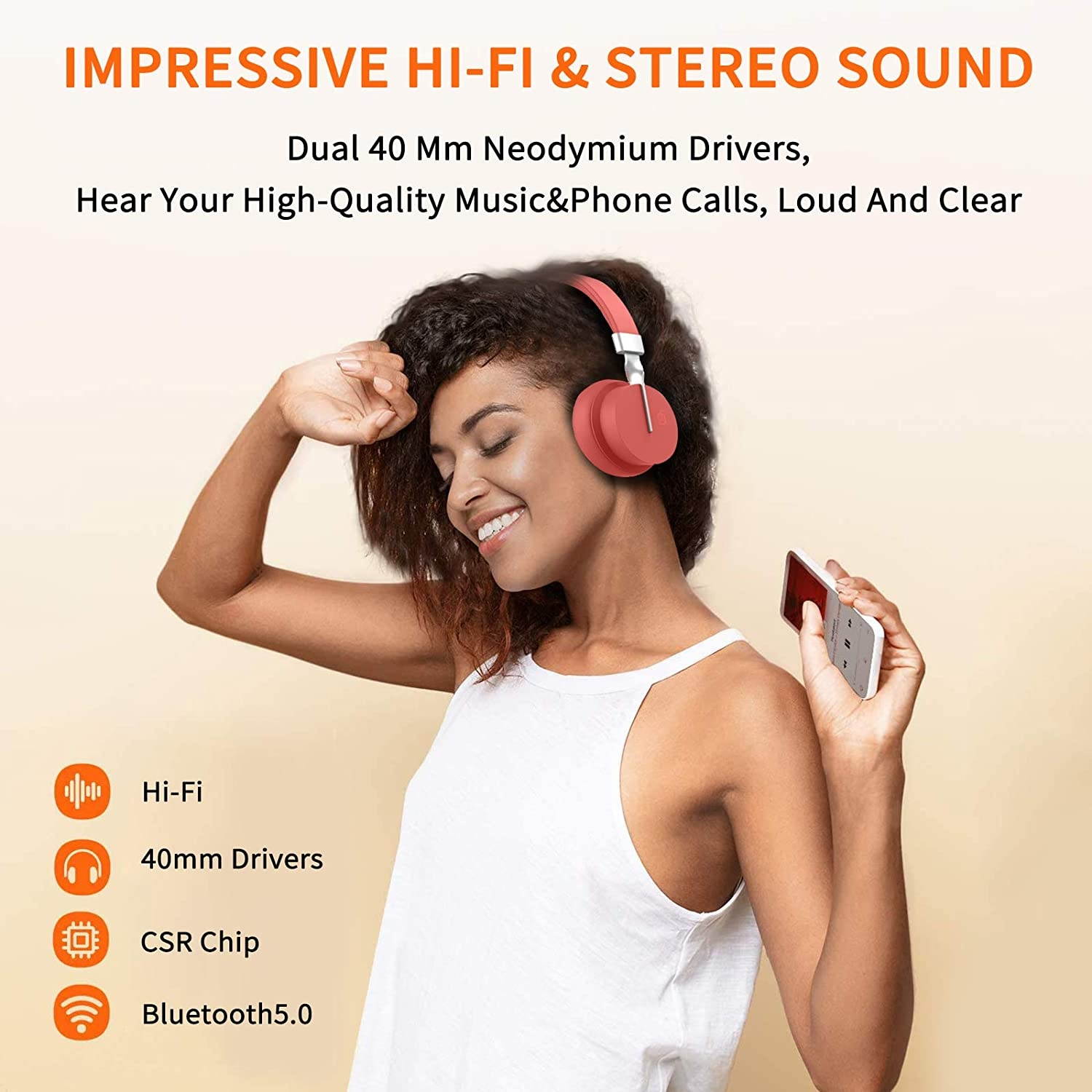 Fingertime P3 Wireless Headset On-Ear Headset 15H Playtime Hi-Fi Stereo Wireless Headsets Deep Bass Wired/Wireless Bluetooth Headphones Bluetooth 5.0 Wireless Headphones Built-in Mic (Red)