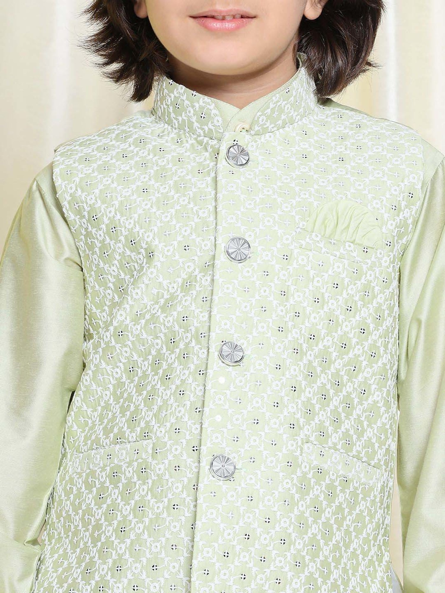 AJ Dezines Kids Green Embroidered Full Sleeves Kurta Set