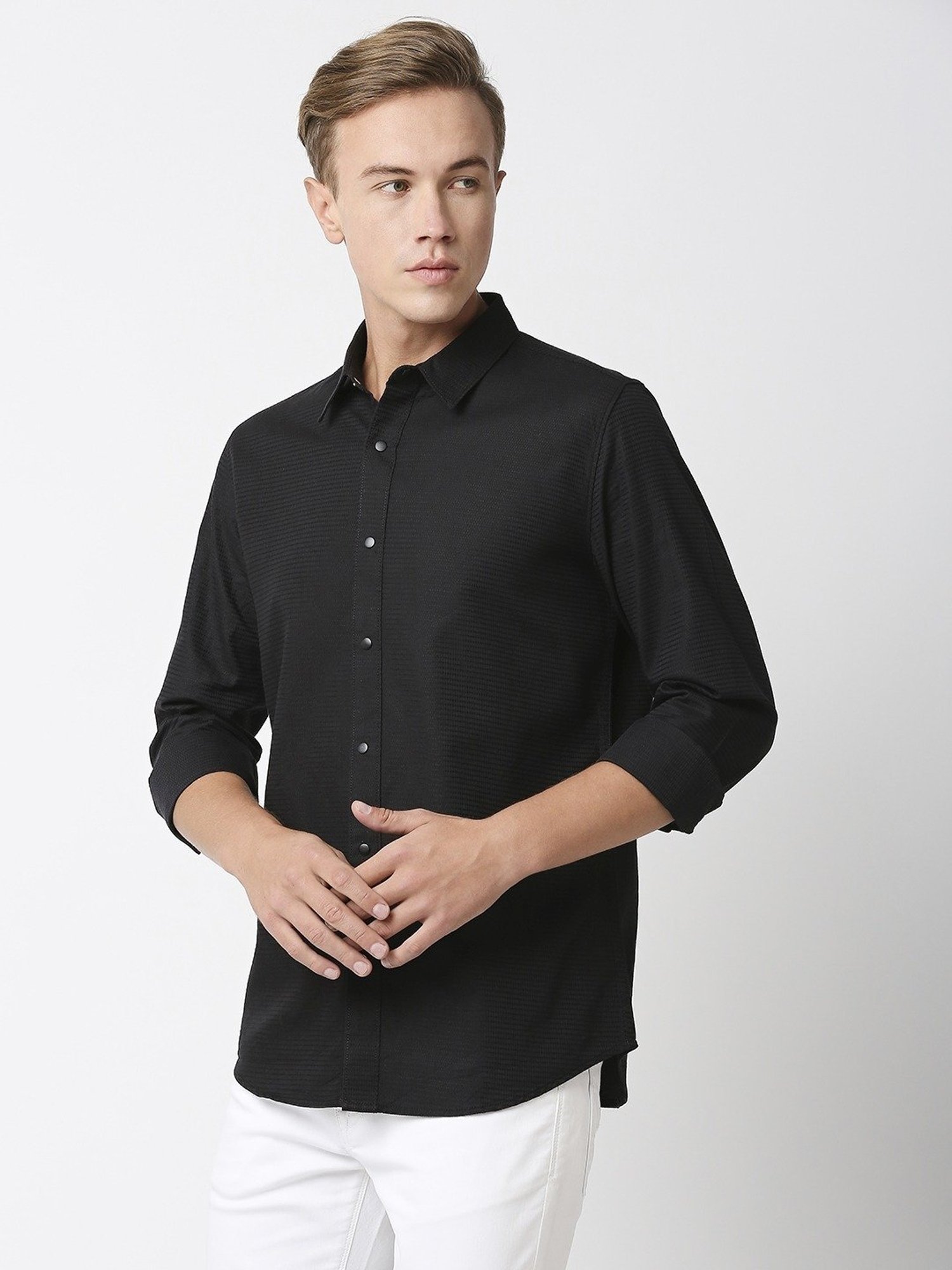 SOLEMIO Black Cotton Slim Fit Self Pattern Shirt