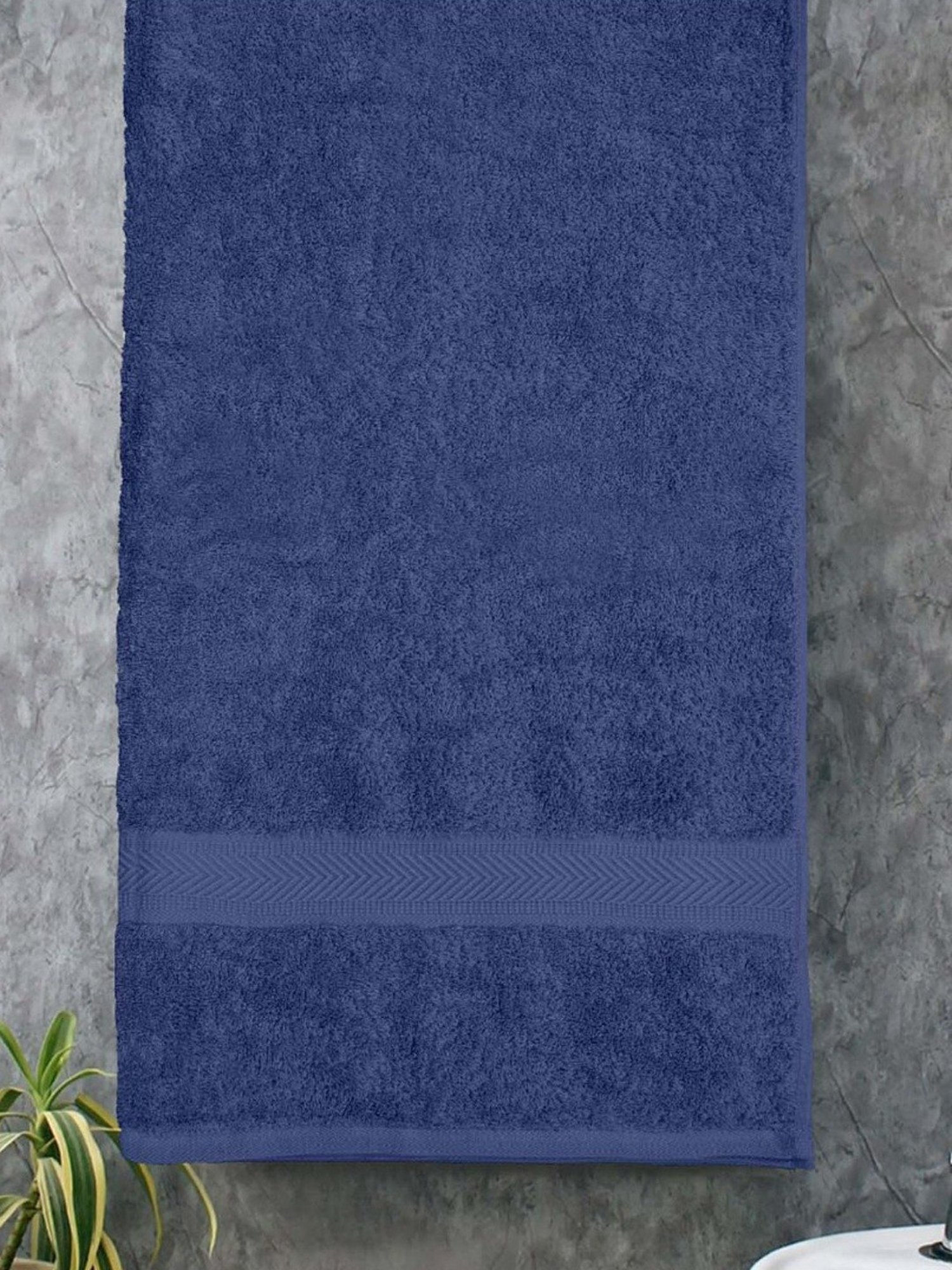 Haus & Kinder Self Navy Blue & Olive 500 GSM Cotton Bath Towel - Set of 2