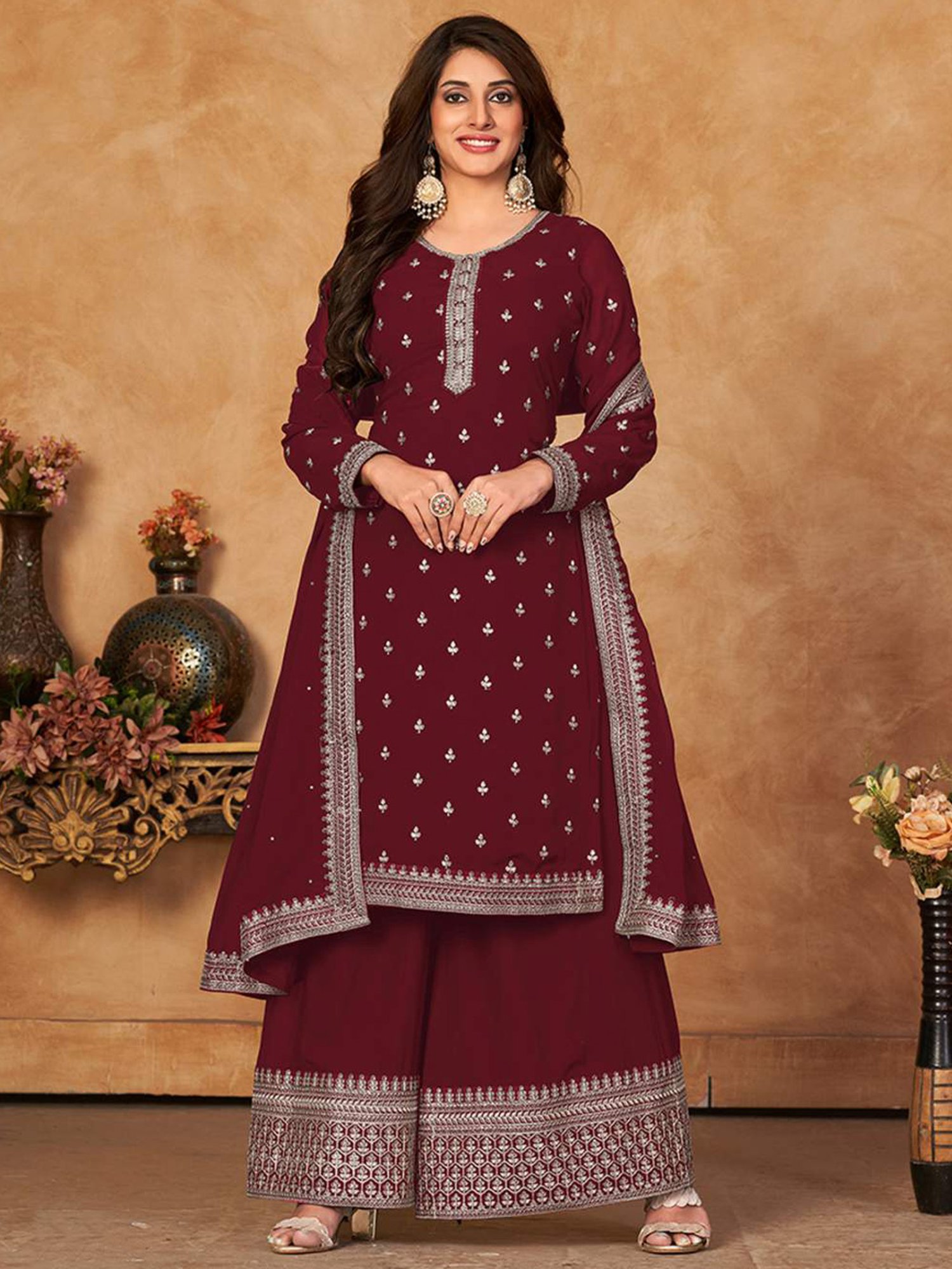 Odette Maroon Embroidered Unstitched Dress Material