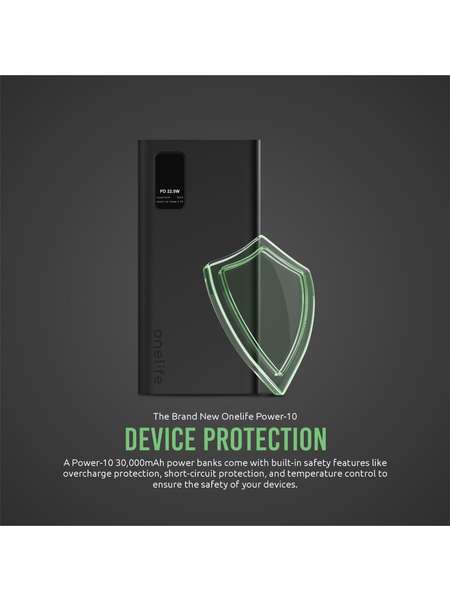 Onelife Power 10, 30000 mAh 22.5 Watt Power Bank with Quick Charge (Black)