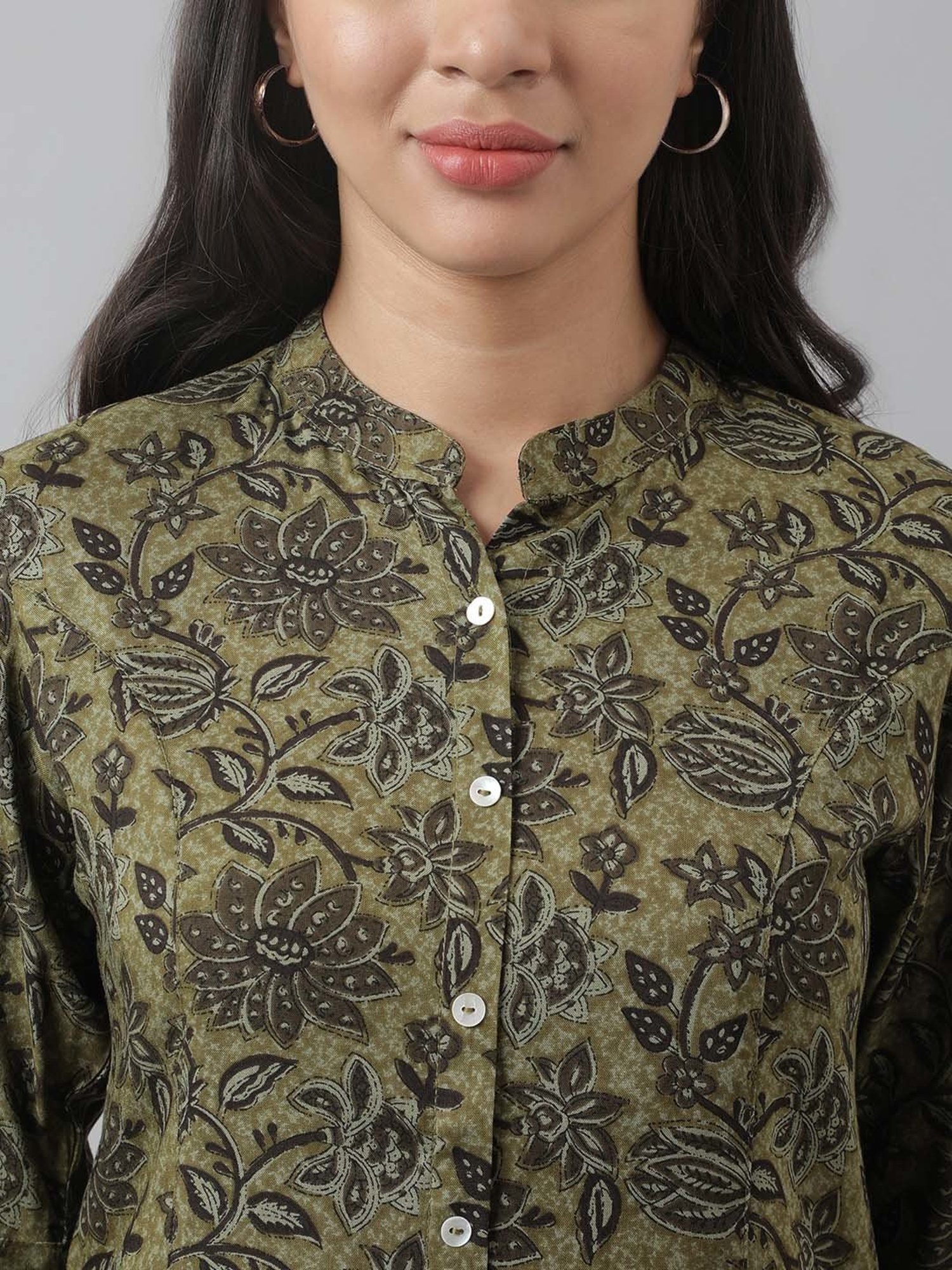 Divena Olive Green Cotton Floral Print Tunic