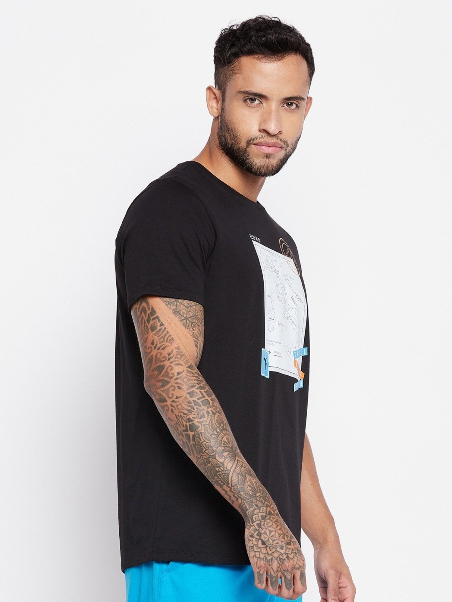 Edrio Black Cotton Relaxed Fit Printed T-Shirt