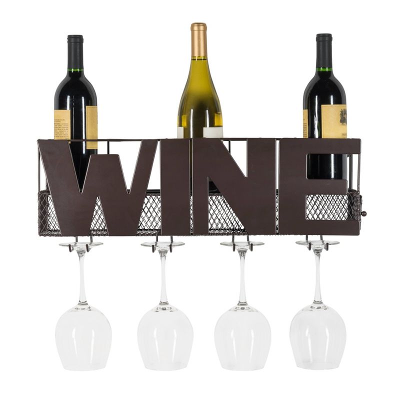 Metal Wall Mount Wine Bottle and Long Stem Glass Rack Brown - Danya B.