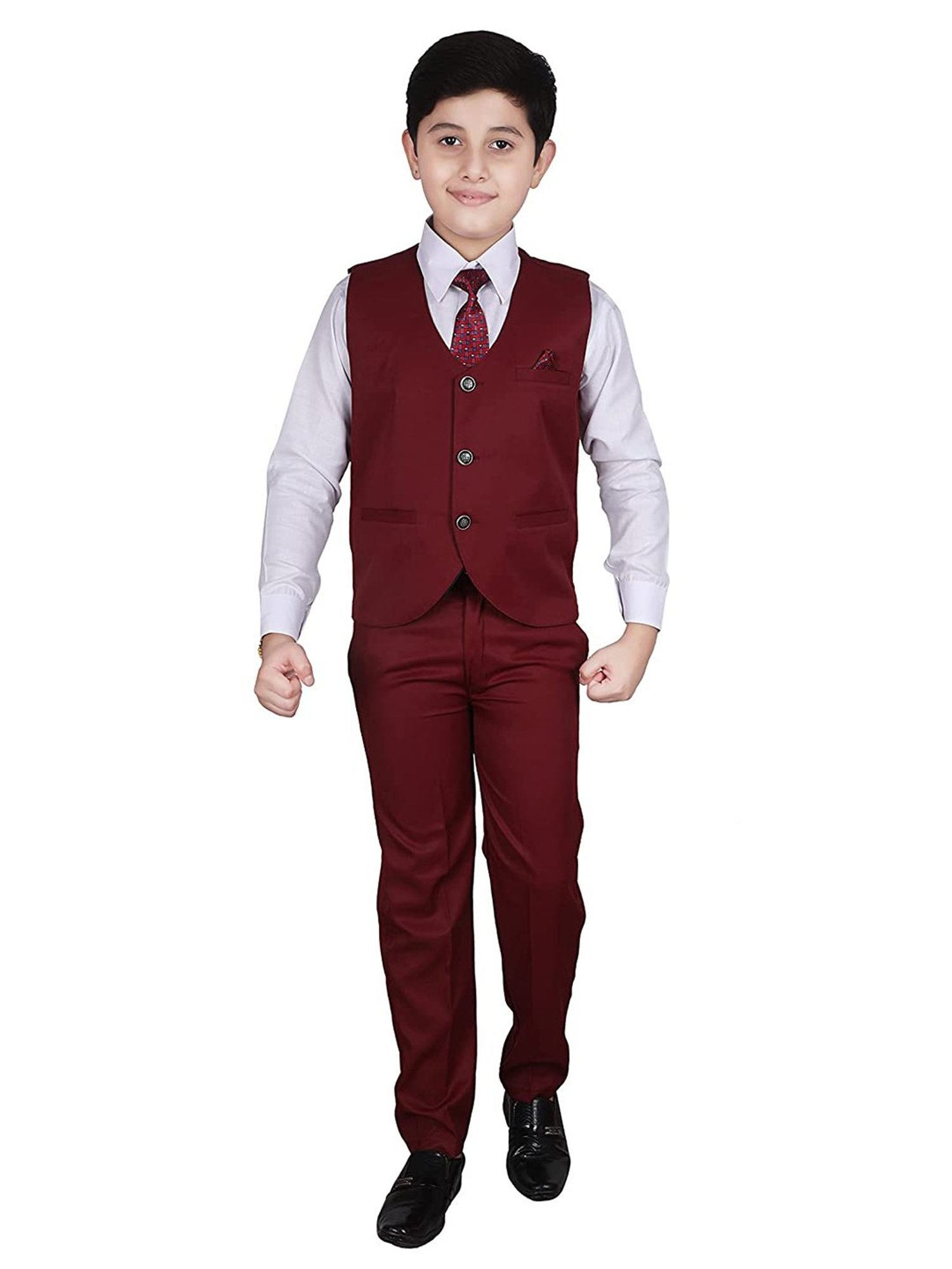 Pro-Ethic Style Developer Kids Maroon & White Solid Full Sleeves Shirt, Waistcoat, Pants with Tie