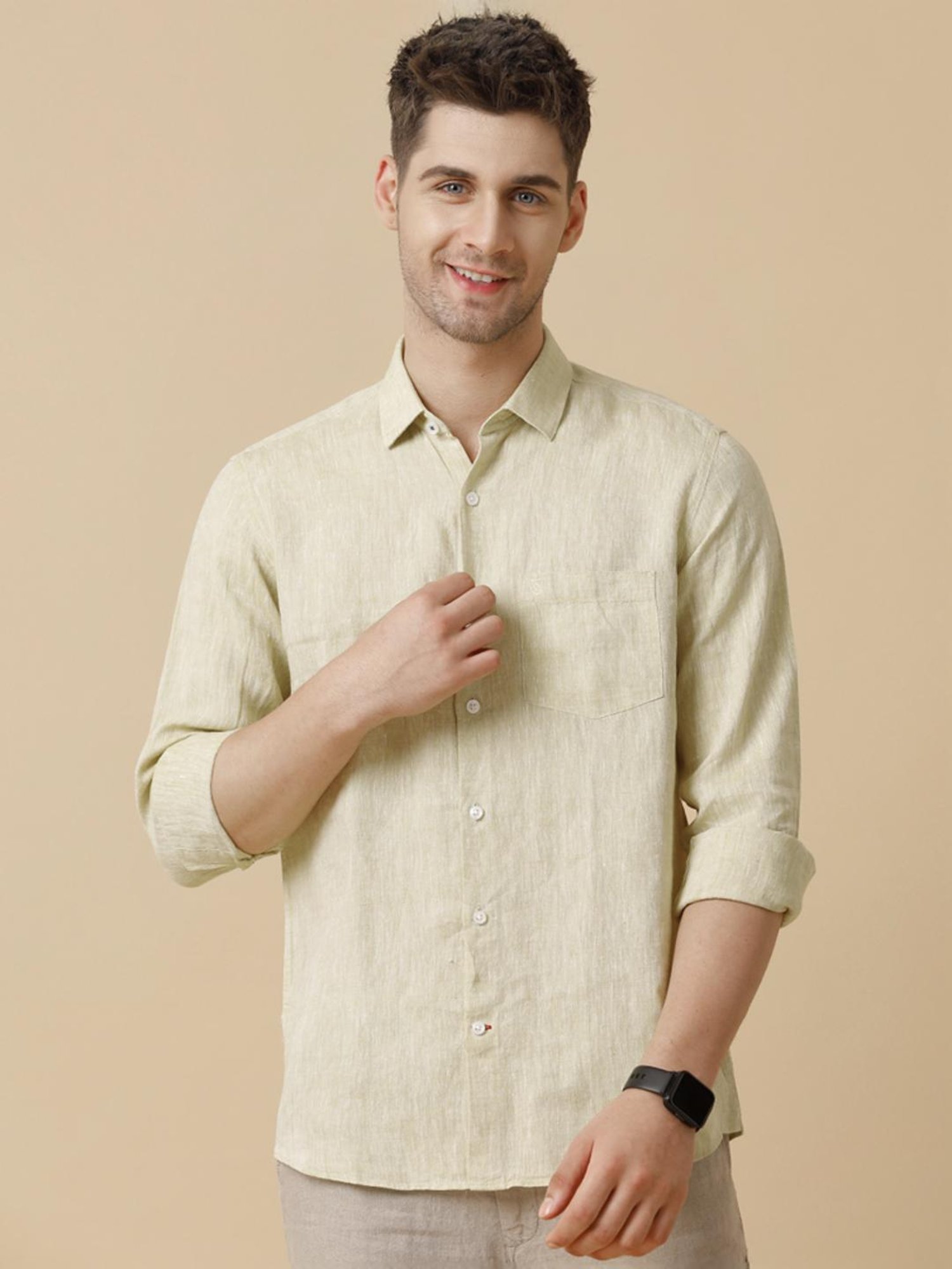 Linen Club Yellow Linen Contemporary Fit Shirt