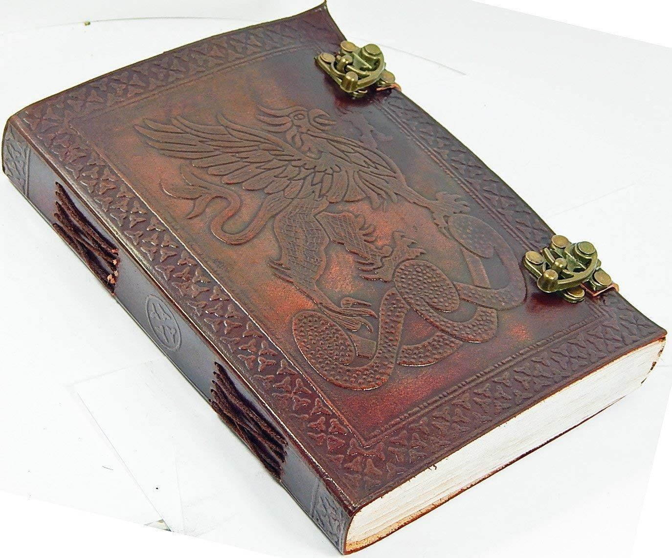 Handmade Large 8" Embossed Leather Journal Celtic two latches blue stone blank personal Diary notebook refillable journal gift (design 3)