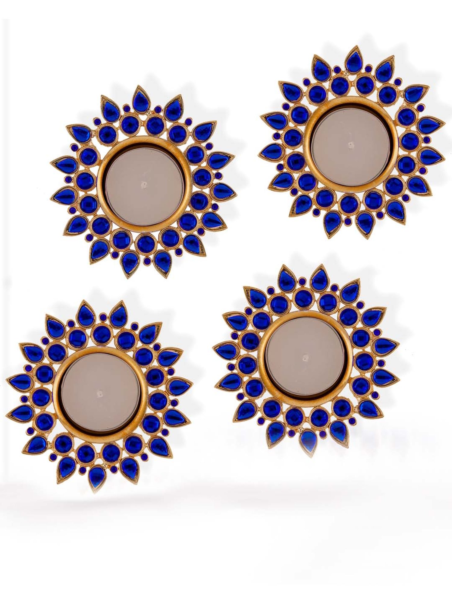 Homesake 'Christmas' Blue & Golden Metal Diya Holder With Tea Light - Set of 4