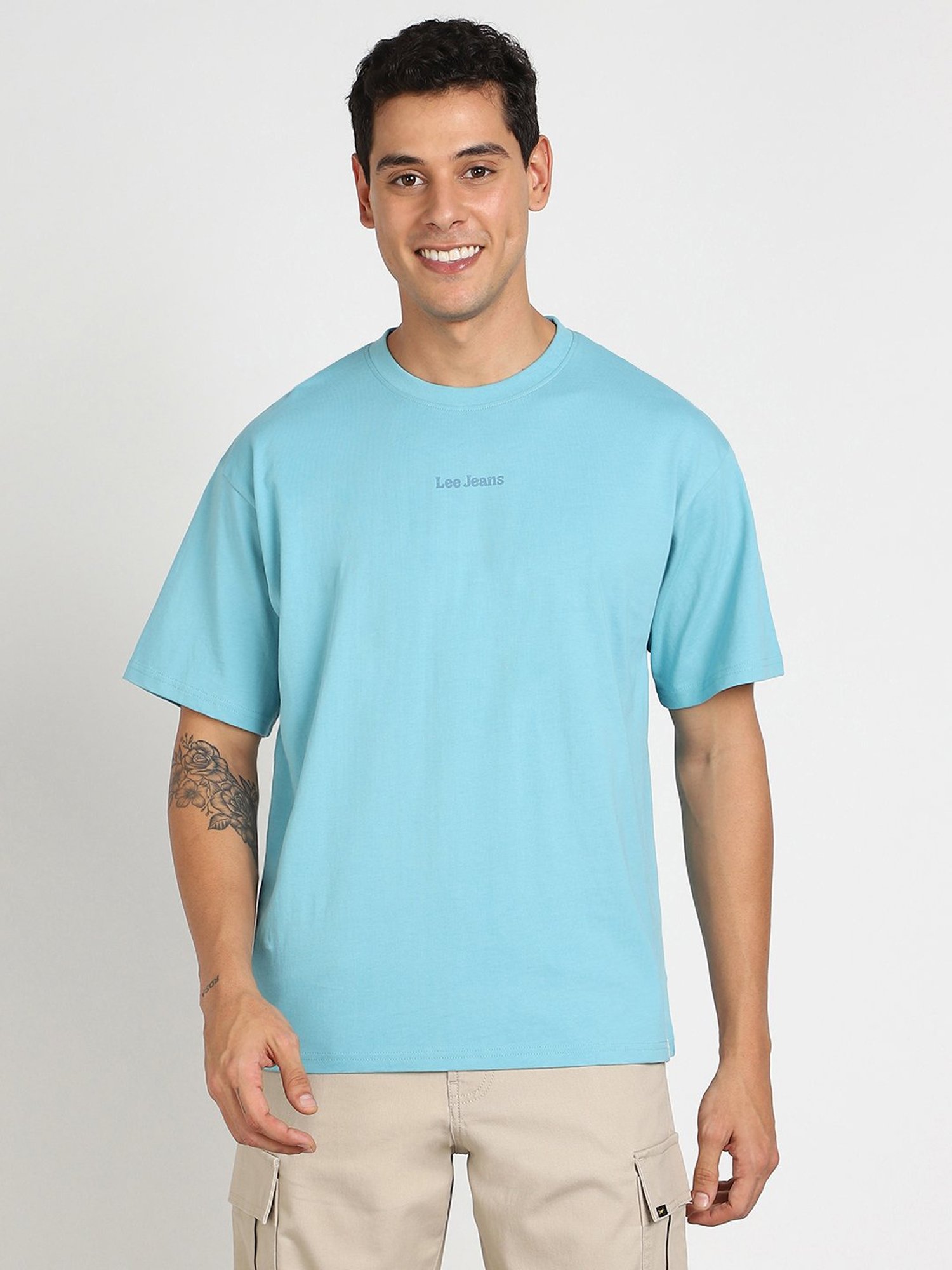 Lee Men Printed Blue Crew Neck Oversize Fit Tshirt