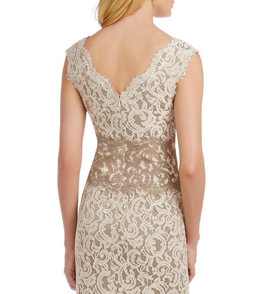 Tadashi Shoji Double-V Scalloped Neck Sleeveless Two Tone Corded Lace Gown