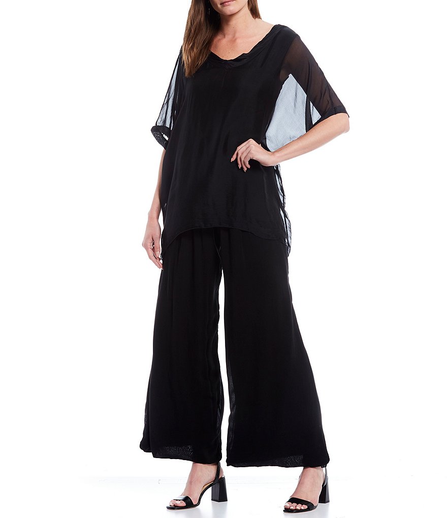 M Made in Italy V-Neck Sheer Sleeve Sharkbite Hem Silky Woven Top